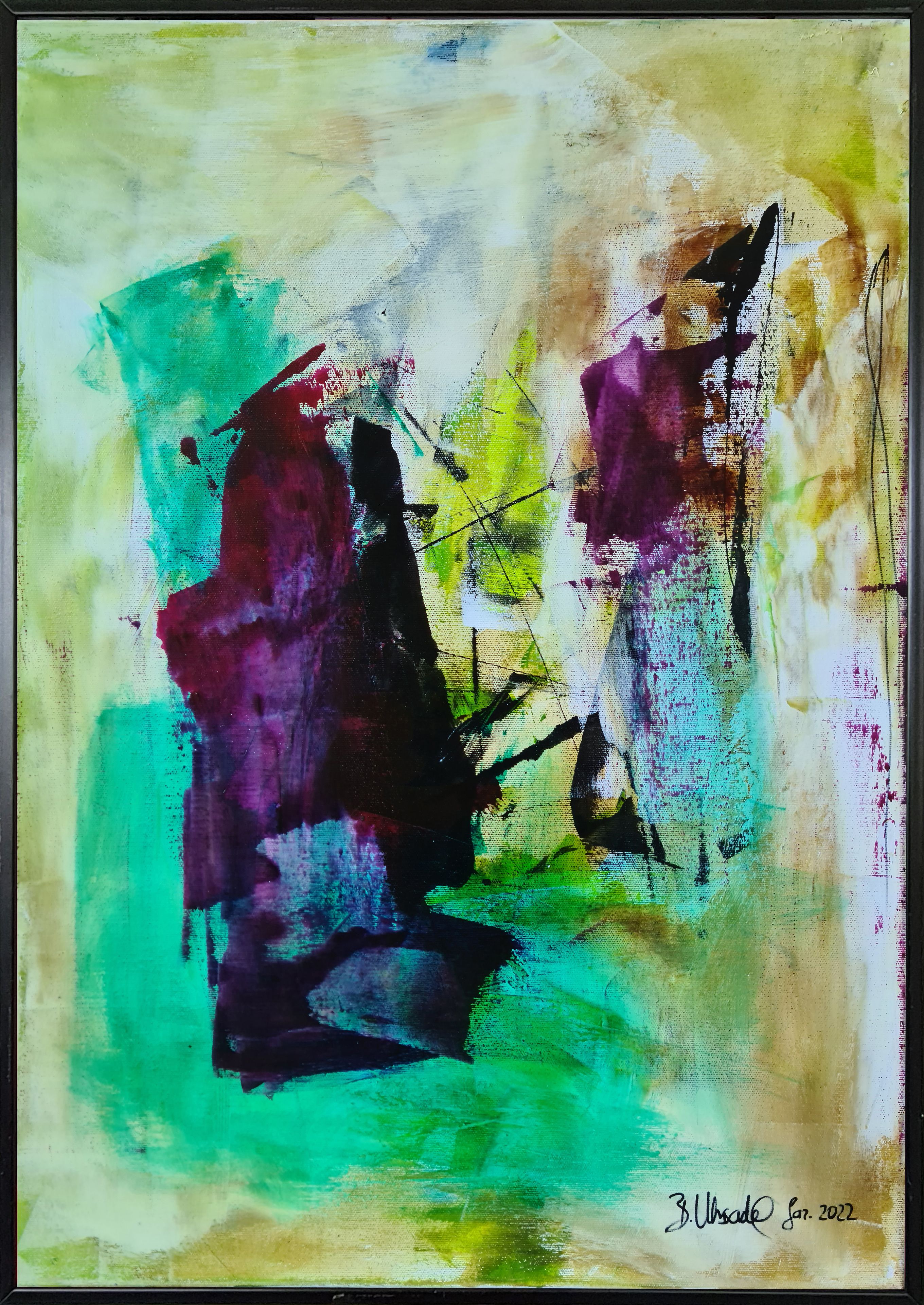 Abstract acrylic painting on canvas showcasing turquoise and mauve hues. Its layered brush strokes evoke mystery, depth, and light, harmoniously blending energy and emotion. Artwork style - Abstrakt and technique Acryl auf Leinwand.