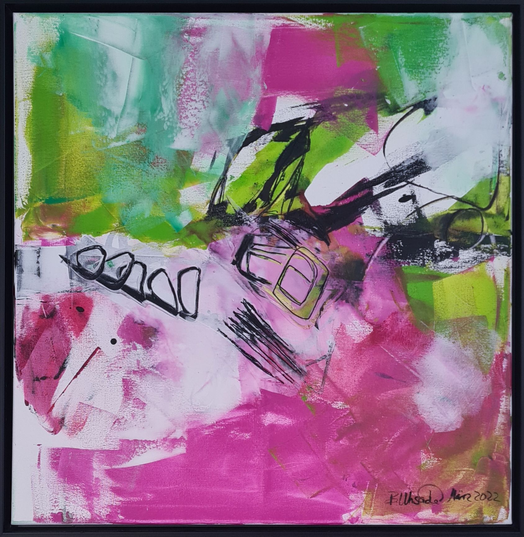 A dynamic acrylic abstraction on canvas, juxtaposing vibrant pinks, greens, and whites with bold black lines, radiating energy, movement, creativity, and harmonious chaos. Artwork style - Abstrakt  and technique Acryl auf Leinwand.