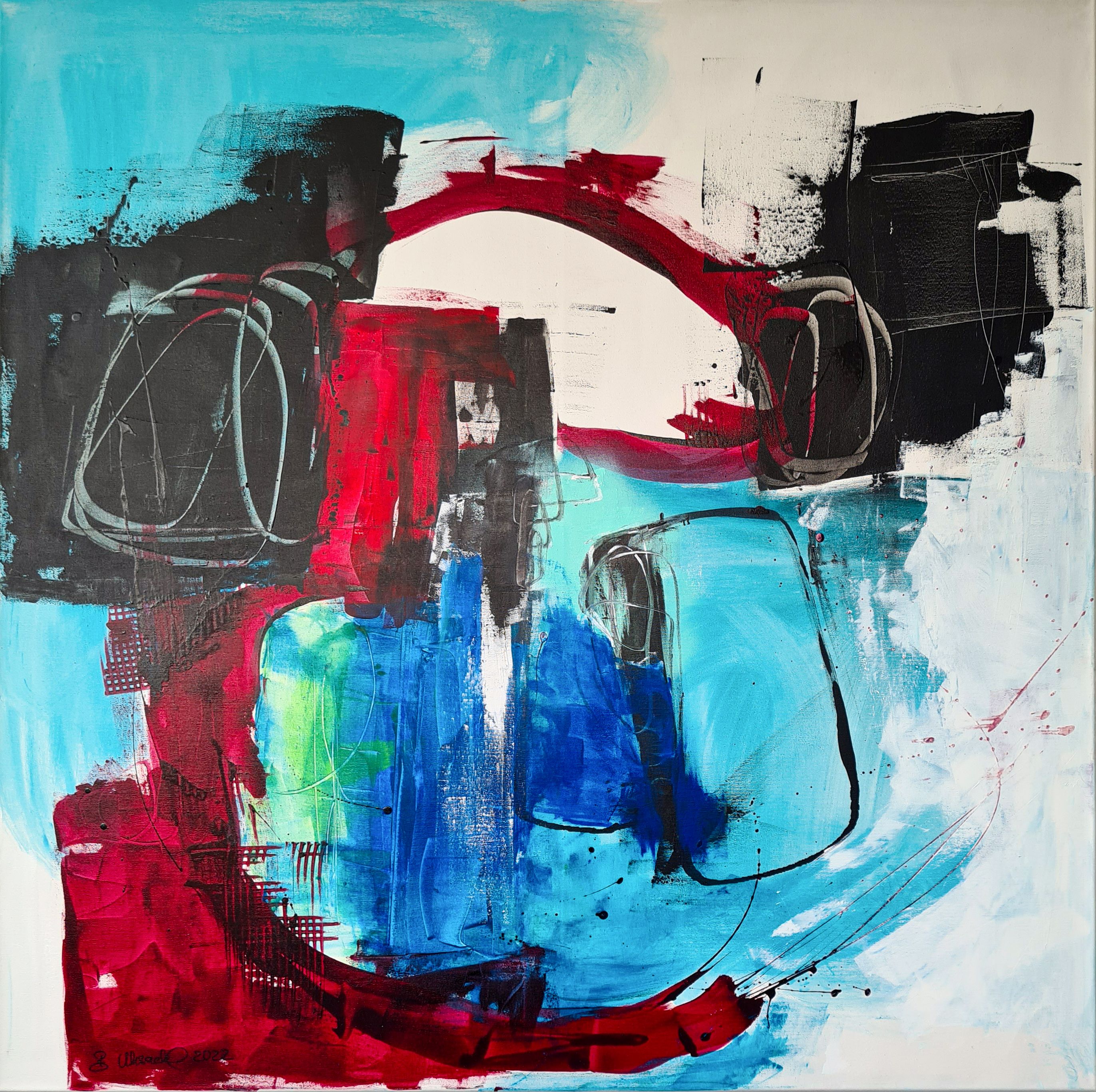 Acrylic abstract artwork on canvas with layers of bold red, blue, and turquoise. Dynamic brushstrokes and contrasting hues create a vibrant, chaotic yet balanced composition. Artwork style - Abstrakt and technique Acryl auf Leinwand.