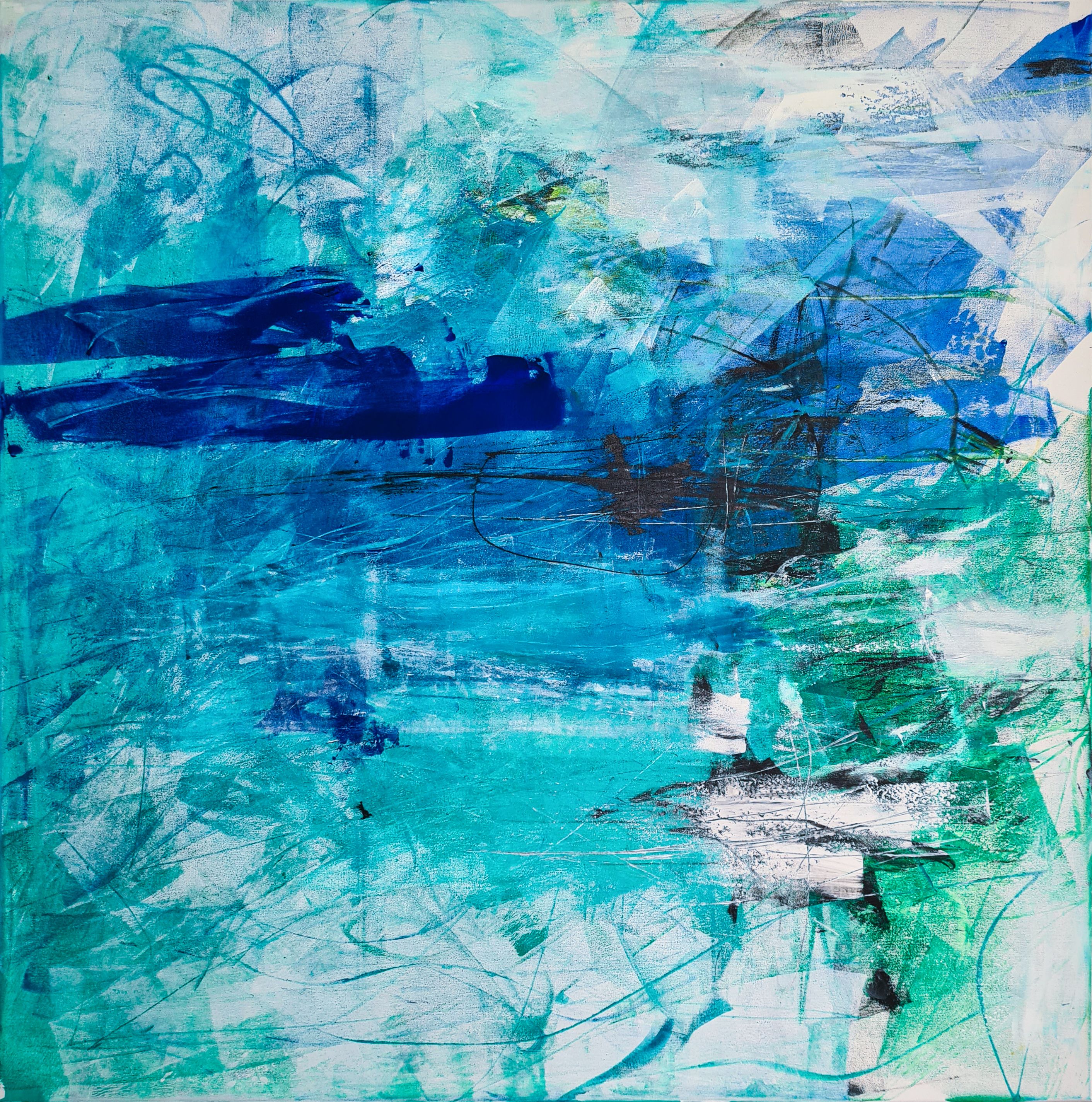 Abstract acrylic painting on canvas in hues of blue and turquoise, evokes oceanic waves and tranquility amidst chaotic brushstrokes, capturing fluidity, depth, and serene energy. Artwork style - Abstrakt and technique Acryl auf Leinwand.