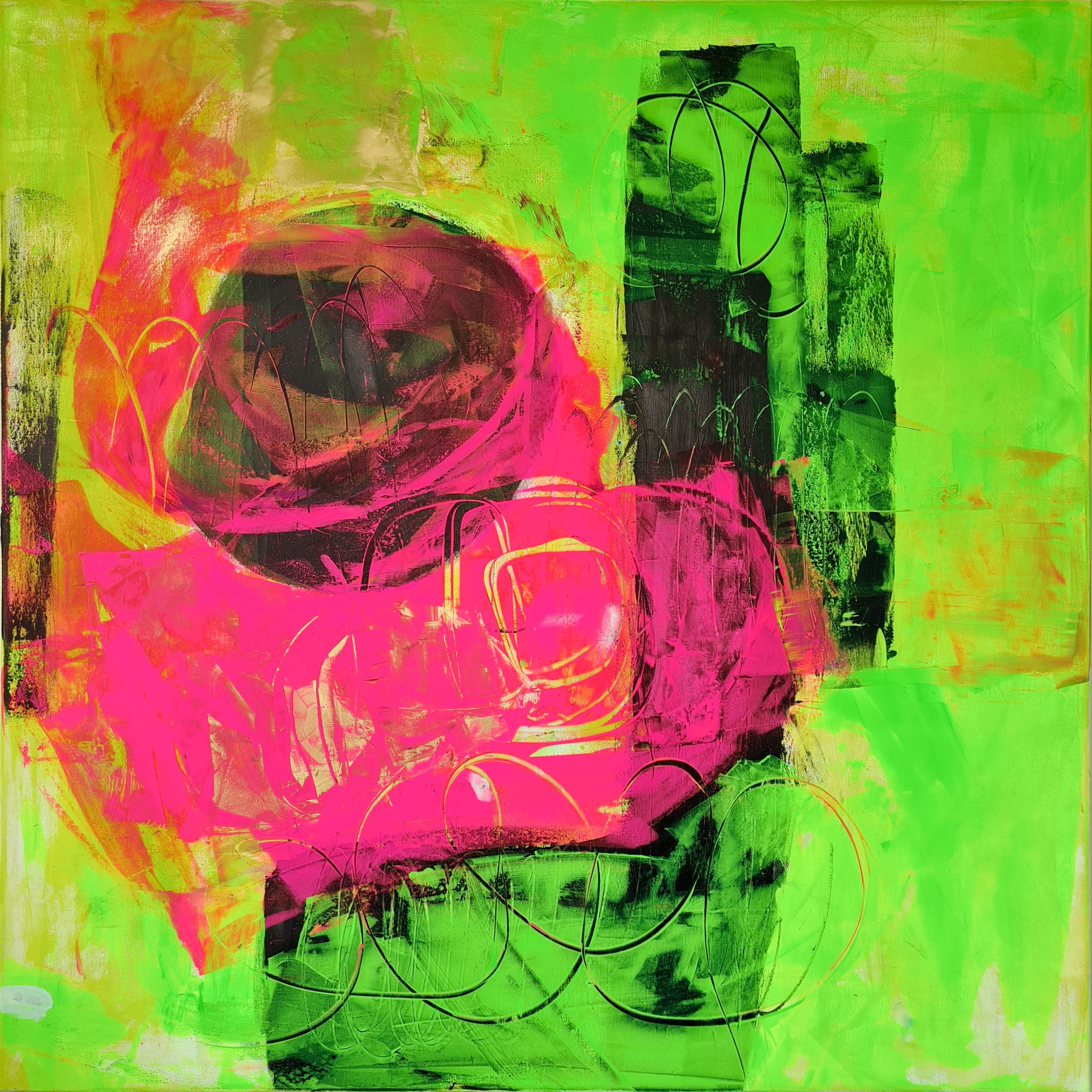 A vibrant acrylic abstraction pulsating with neon greens and fluorescent pinks, displaying chaotic swirls and layers that evoke a dynamic, organic energy and modernist intensity. Artwork style - Abstrakt and technique Acryl auf Leinwand.