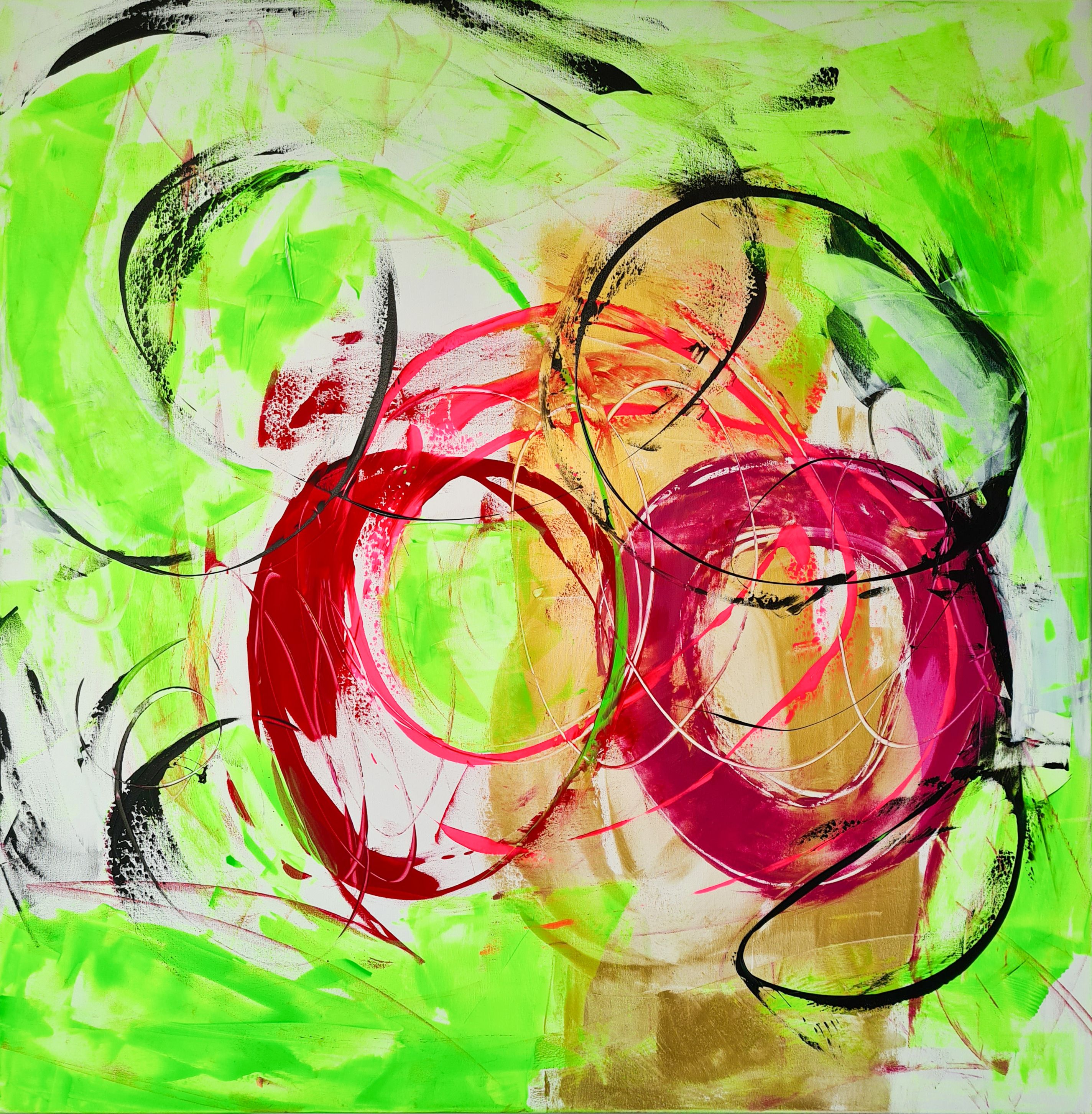 Abstract acrylic on canvas depicting vibrant swirls of lime green and crimson, radiating energy and motion with dynamic brushstrokes and luminous intensity. Artwork style is Abstrakt and technique Acryl auf Leinwand.