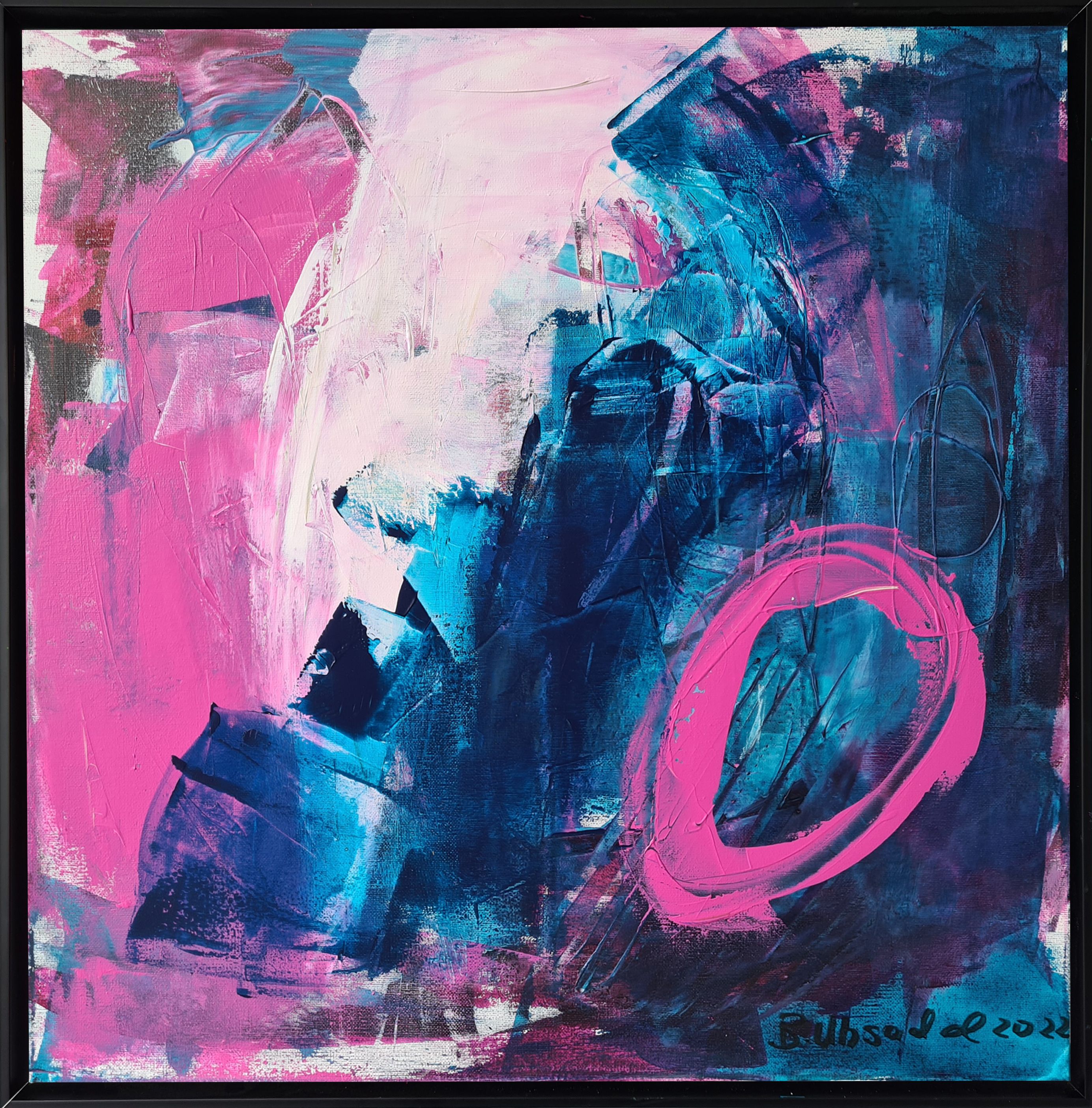 An abstract acrylic painting on canvas, swirling with cerulean and magenta layers, evoking a sense of ethereal chaos and vivid contrast in a vortex of emotions. Artwork style is Abstrakt and technique Acryl auf Leinwand.