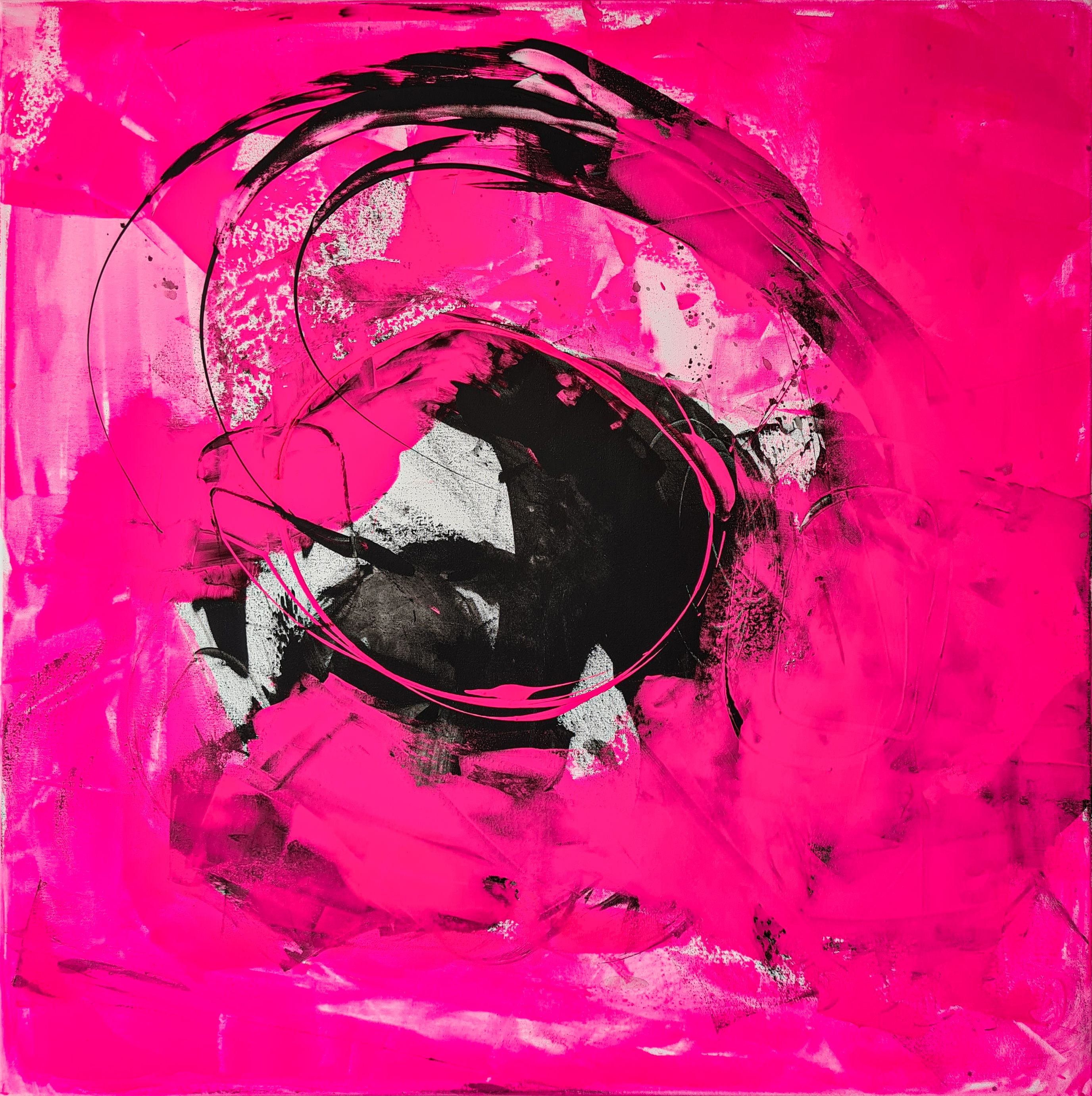 Abstract acrylic painting on canvas. Energized magenta brushstrokes entwine in chaotic harmony with bold black swirls, radiating vibrancy, intensity, and expressive modernism. Artwork style - Abstrakt and technique Acryl auf Leinwand.