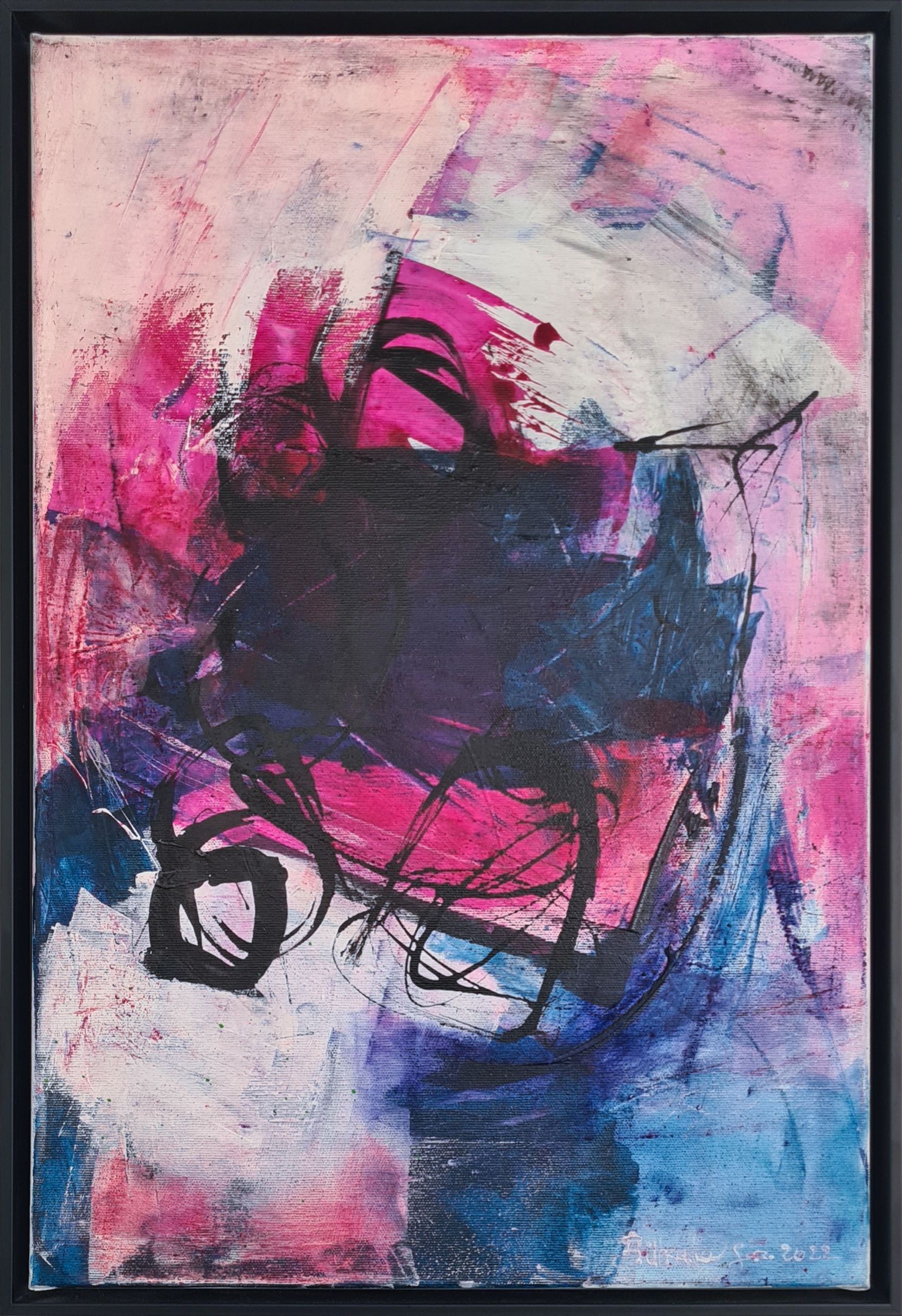 Acrylic abstract artwork on canvas with chaotic swirls, vibrant fuchsia and cobalt hues, depicting intense emotion, turbulence, and shadowy entanglements. Artwork style is Abstrakt and technique Acryl auf Leinwand.