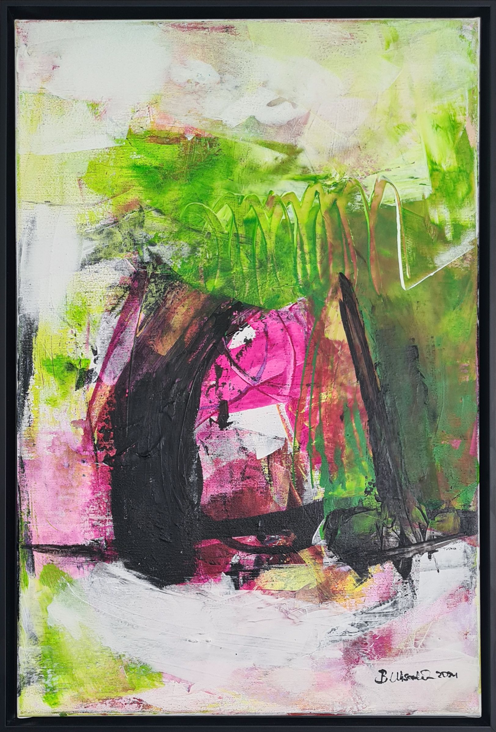 A vibrant abstract acrylic painting on canvas, featuring dynamic green, pink, and fuchsia strokes with an intense, chaotic energy and rich texture. Artwork style is Abstrakt and technique Acryl auf Leinwand.