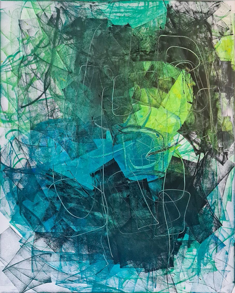 An abstract acrylic on canvas exploring ethereal azure and emerald hues, intersecting with fluid textures and translucent layers, creating a serene labyrinth of harmonious geometric strokes. Artwork style - Abstrakt and technique Acryl auf Leinwand.