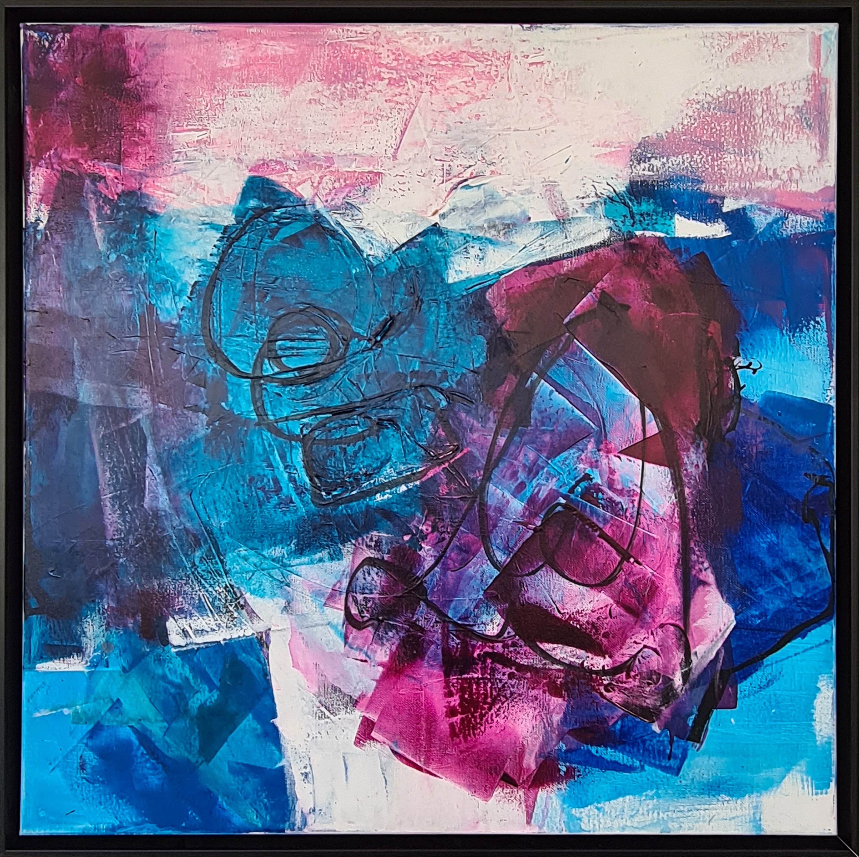 Abstract acrylic painting on canvas featuring vibrant swirls of cerulean and magenta, blending textures and brushstrokes to evoke depth, chaos, and dynamic movement. Artwork style is Abstrakt and technique Acryl auf Leinwand.