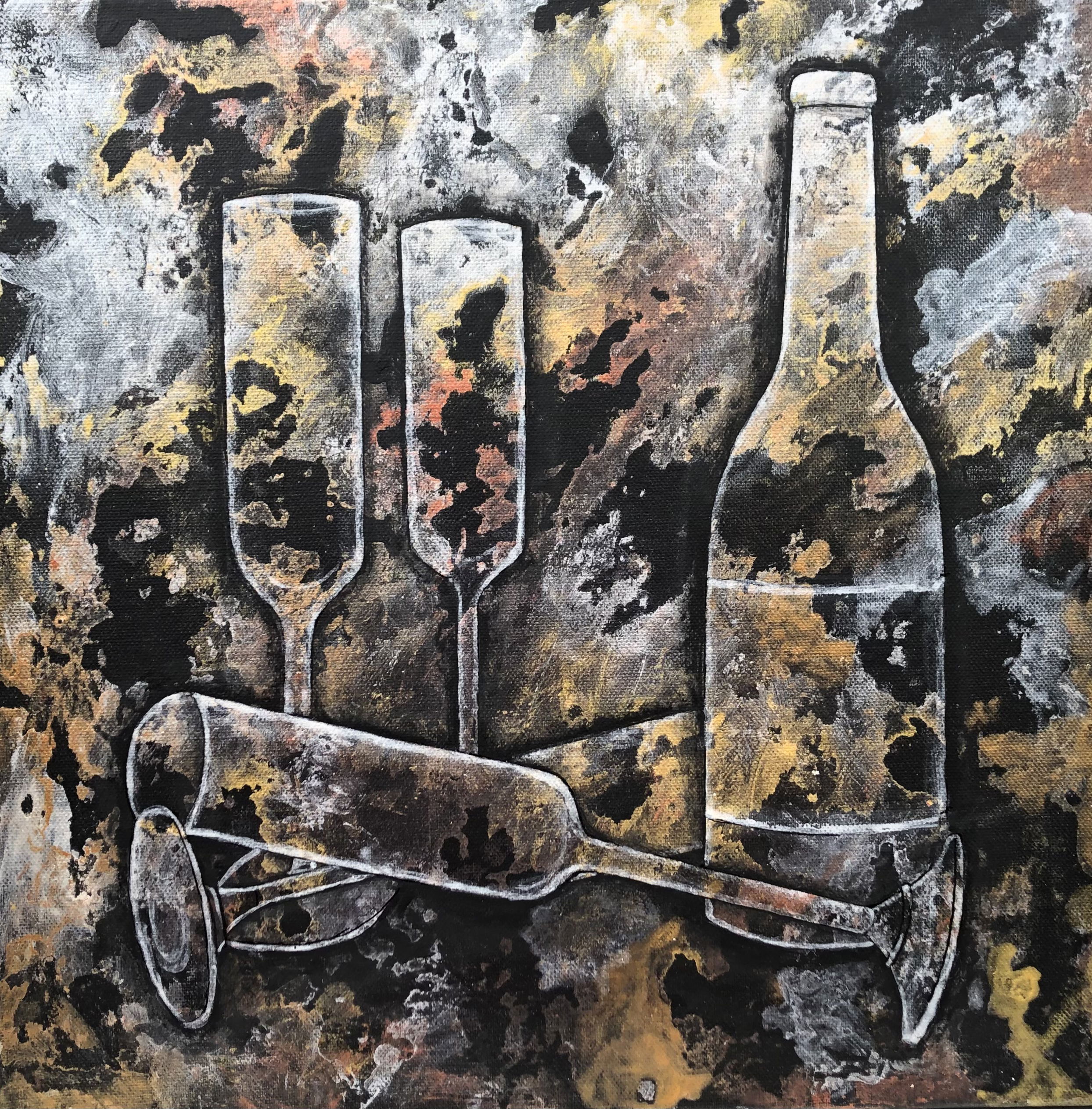 Abstract acrylic painting with champagne glasses and wine bottle in rich textures of black, gold, and silver, symbolizing celebration. Abstrakt style, Acryl auf Leinwand.