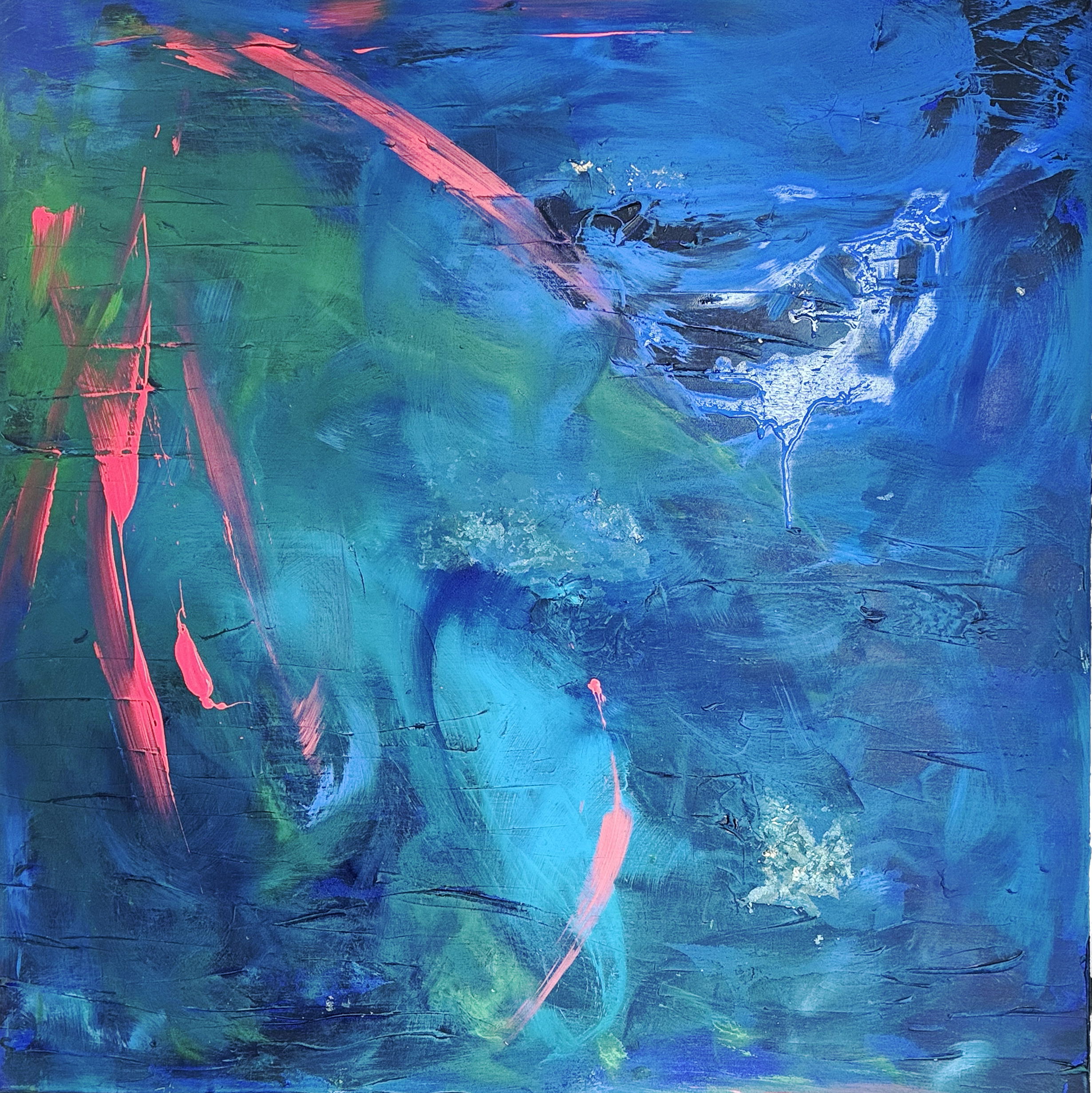 Abstract mixed media artwork featuring ethereal turquoise and azure brushstrokes with contrasting pink and white accents, evoking oceanic tranquility and mystery. Artwork style is Abstrakt and technique Mixed Media.