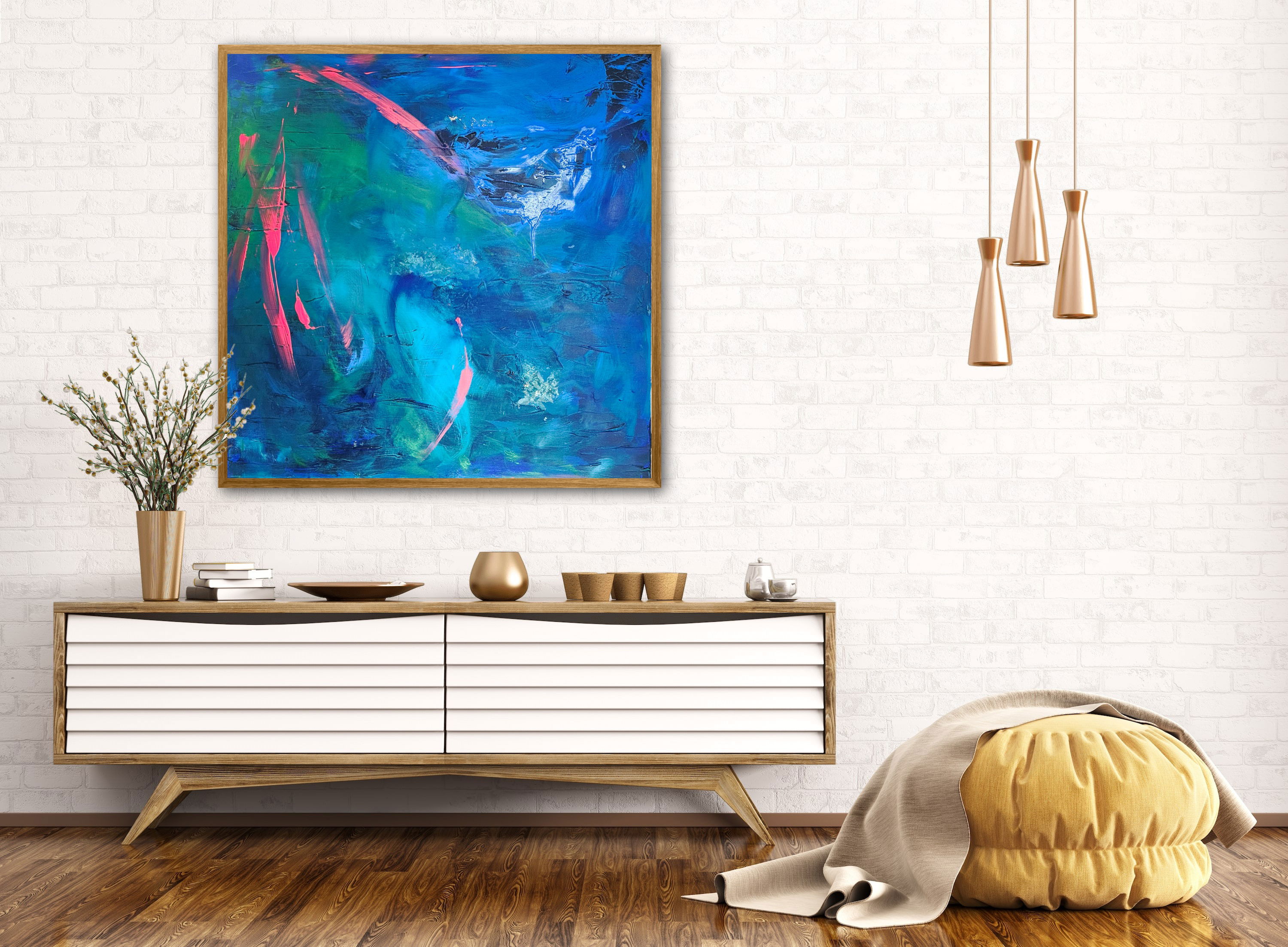 Abstract mixed media artwork in sapphire, jade, and magenta with fluid brushstrokes evoking cosmic twilight and ethereal motion. Abstrakt style, Mixed Media auf Leinwand.
