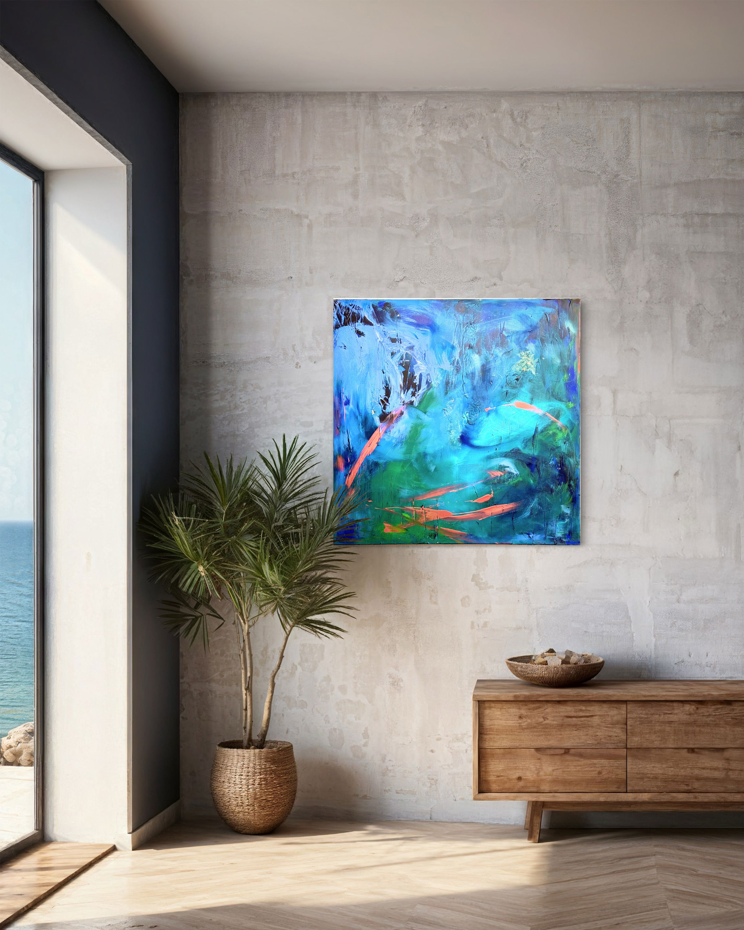 Abstract mixed media on canvas showcasing vivid hues of sapphire, jade, and magenta, evoking fluidity, depth, and ethereal cosmic motion. Abstrakt style, Mixed Media auf Leinwand.