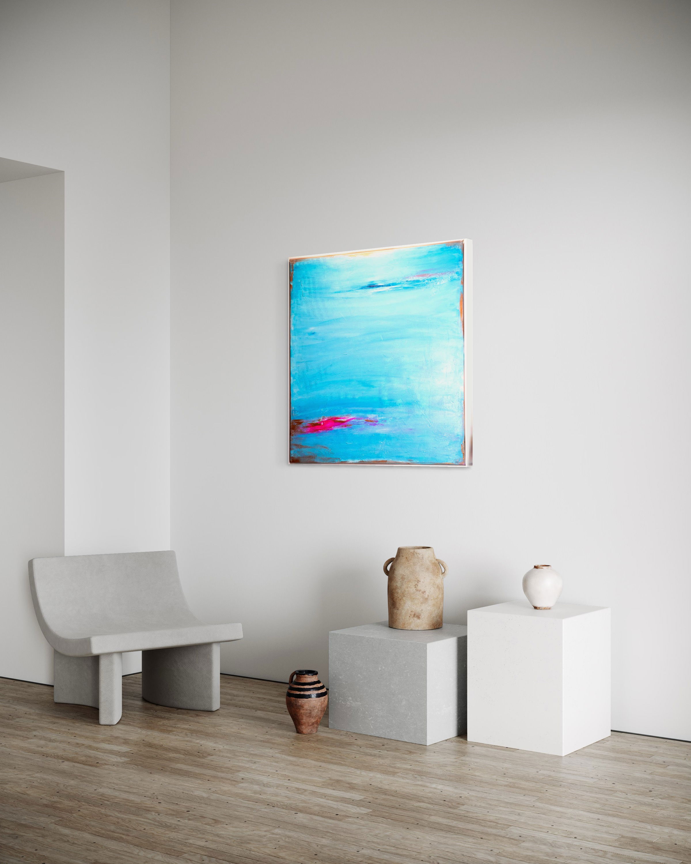 Abstract expressionism: mixed media on canvas depicting azure serenity and vibrant gradients capturing horizon's ethereal tranquility and fluidity. Abstrakter Expressionismus  style, Mixed Media auf Leinwand.