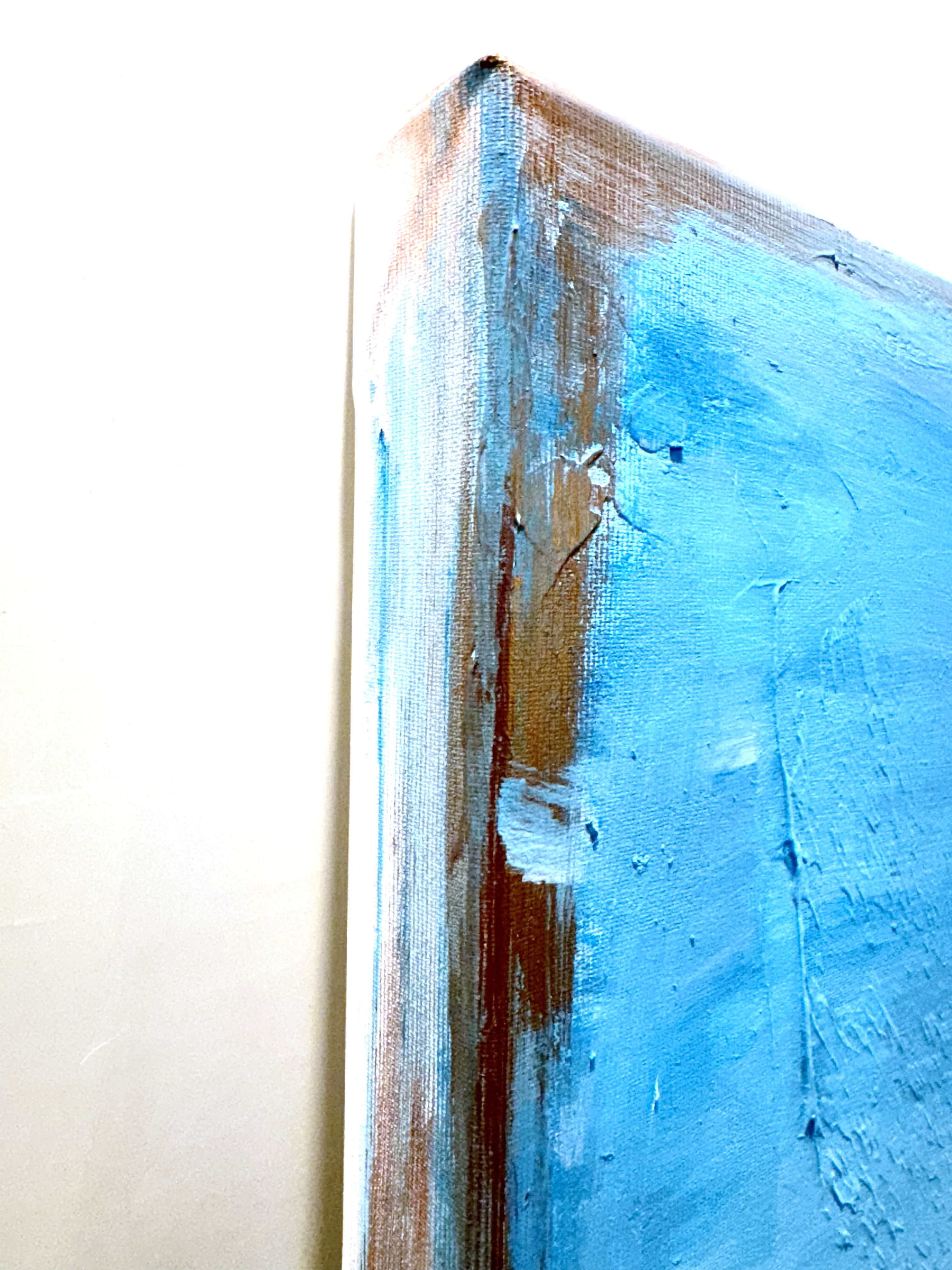 Abstract Expressionism mixed media artwork in calming azure hues and textured layers, evoking serenity and the infinite fluidity of an ethereal oceanic horizon. Artwork style is Abstrakter Expressionismus  and technique Mixed Media.