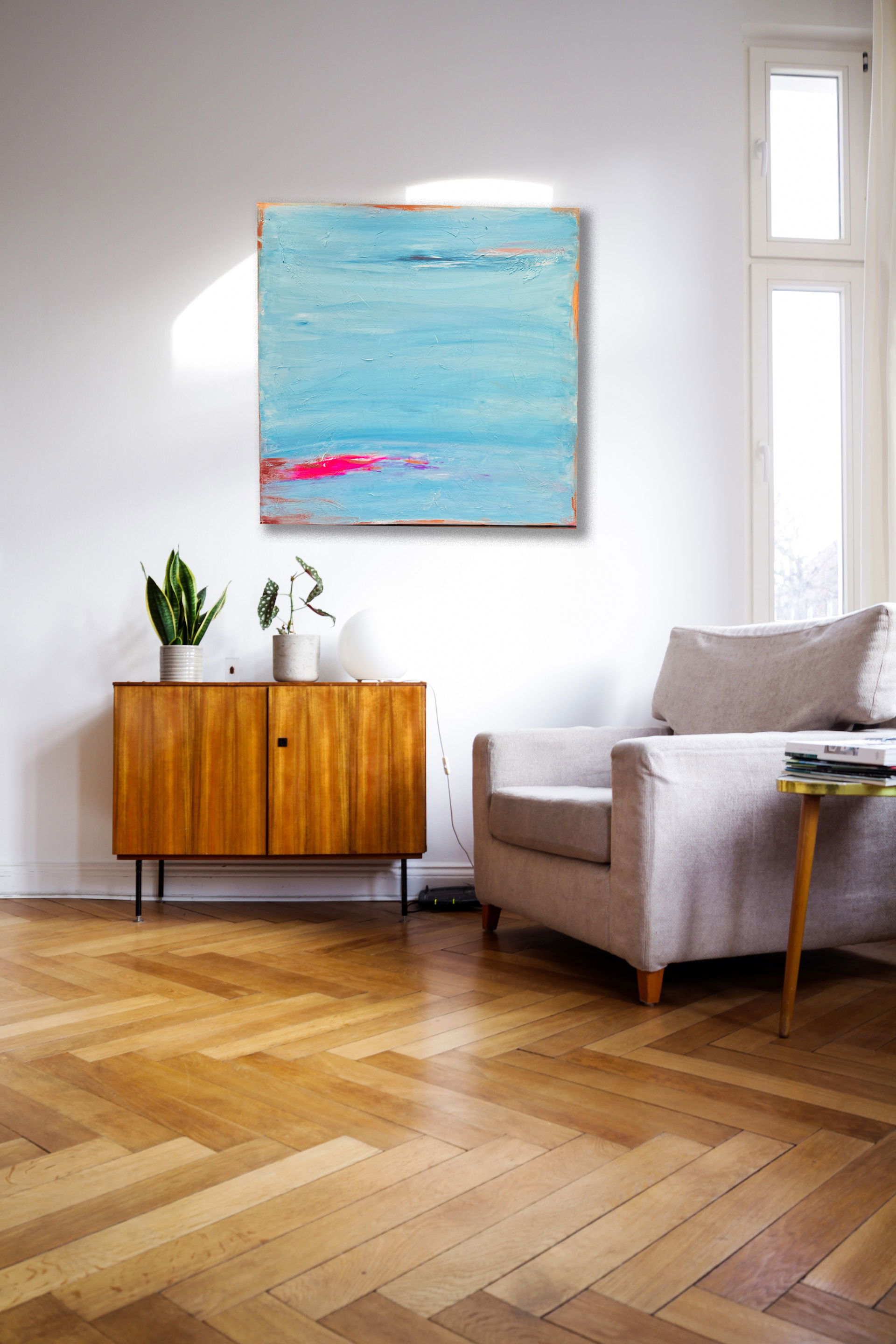 Abstract expressionist mixed media artwork emanating serenity, with ethereal azure hues and vibrant sunset streaks, evoking tranquility and oceanic reflections. Artwork style is Abstrakter Expressionismus  and technique Mixed Media.