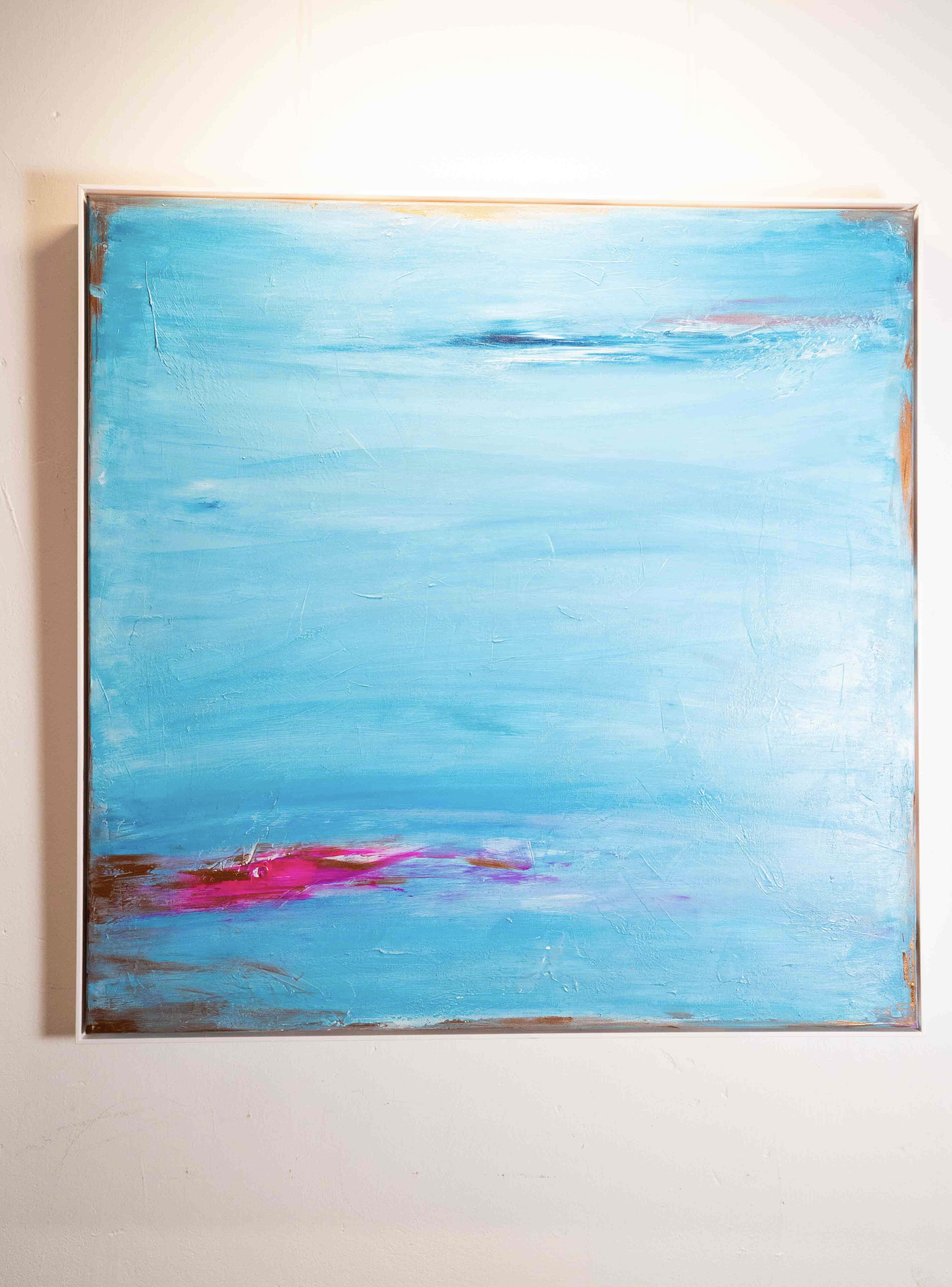 A serene abstract expressionist artwork in mixed media, featuring tranquil azure hues with vibrant pink accents, evoking a mystic oceanic twilight. Artwork style is Abstrakter Expressionismus  and technique Mixed Media.