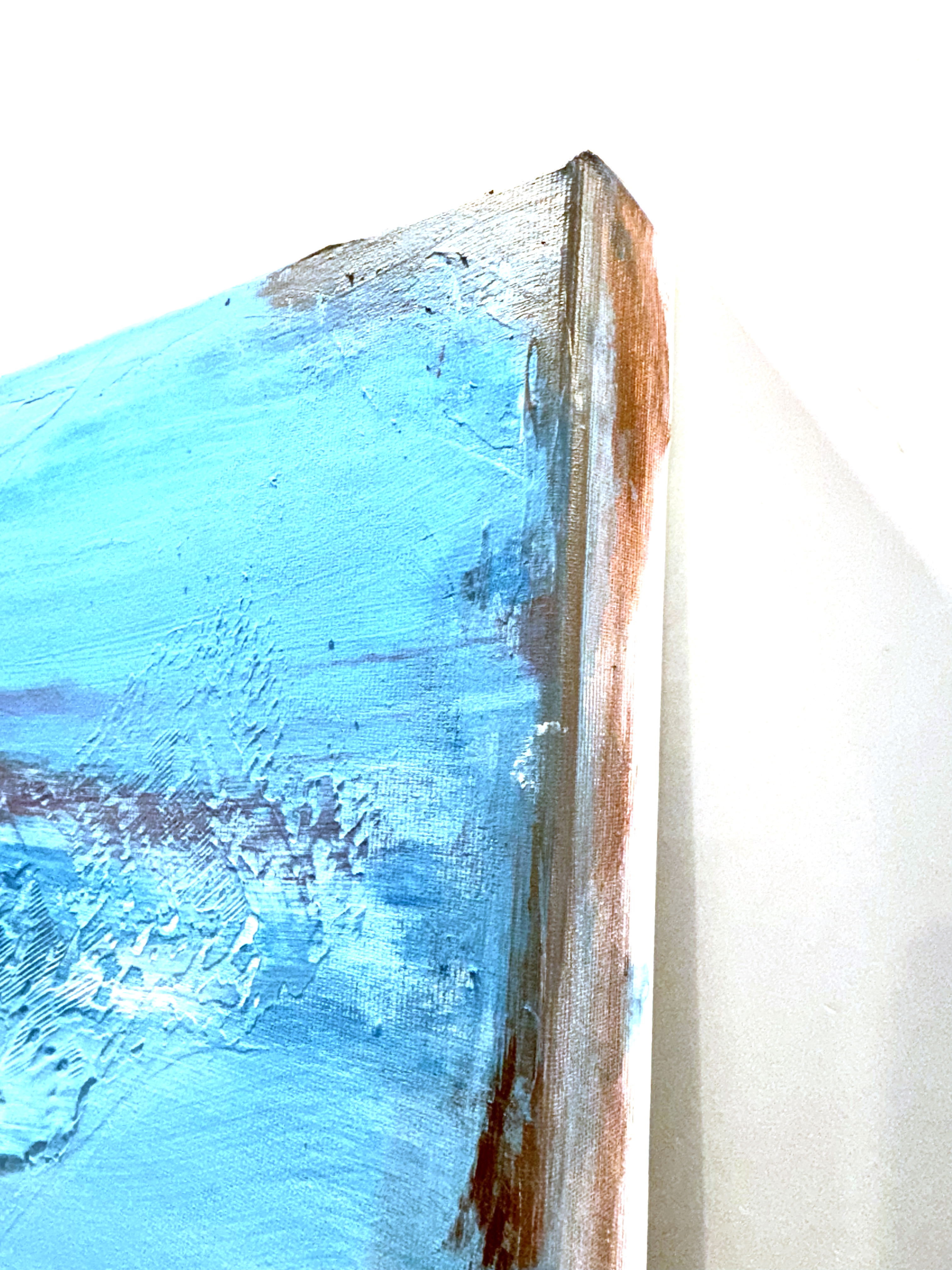 An ethereal blend of azure hues and textured brushstrokes evoke a sense of tranquil reverie, reminiscent of oceanic horizons and twilight serenity in abstract expressionism. Artwork style is Abstrakter Expressionismus  and technique Mixed Media.