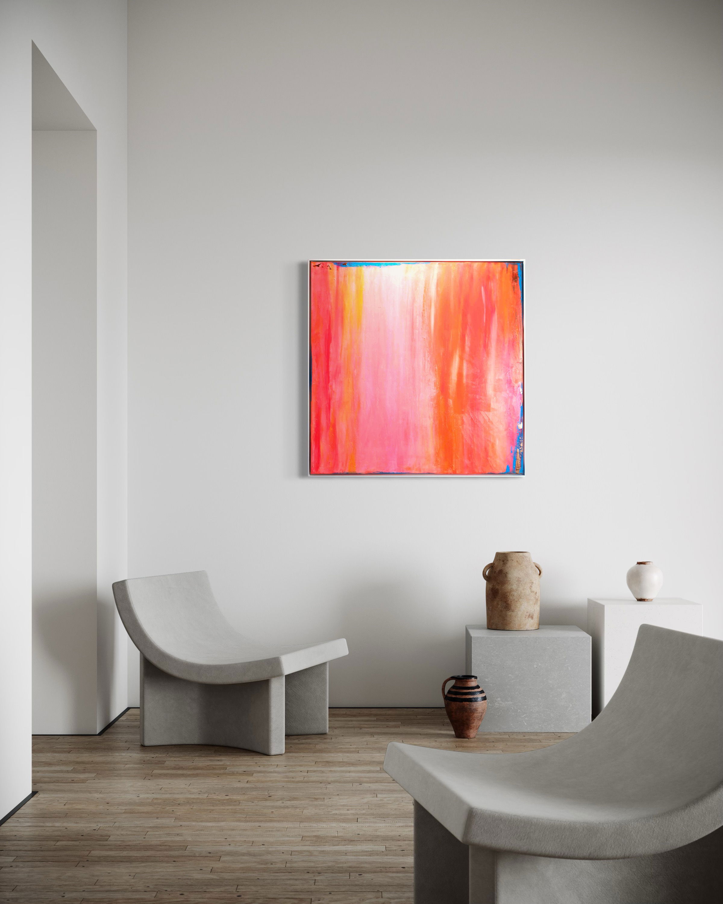 Abstract Expressionist mixed media artwork with vibrant gradients, intense luminosity, and ethereal tranquility in warm hues. Abstrakter Expressionismus  style, Mixed Media.