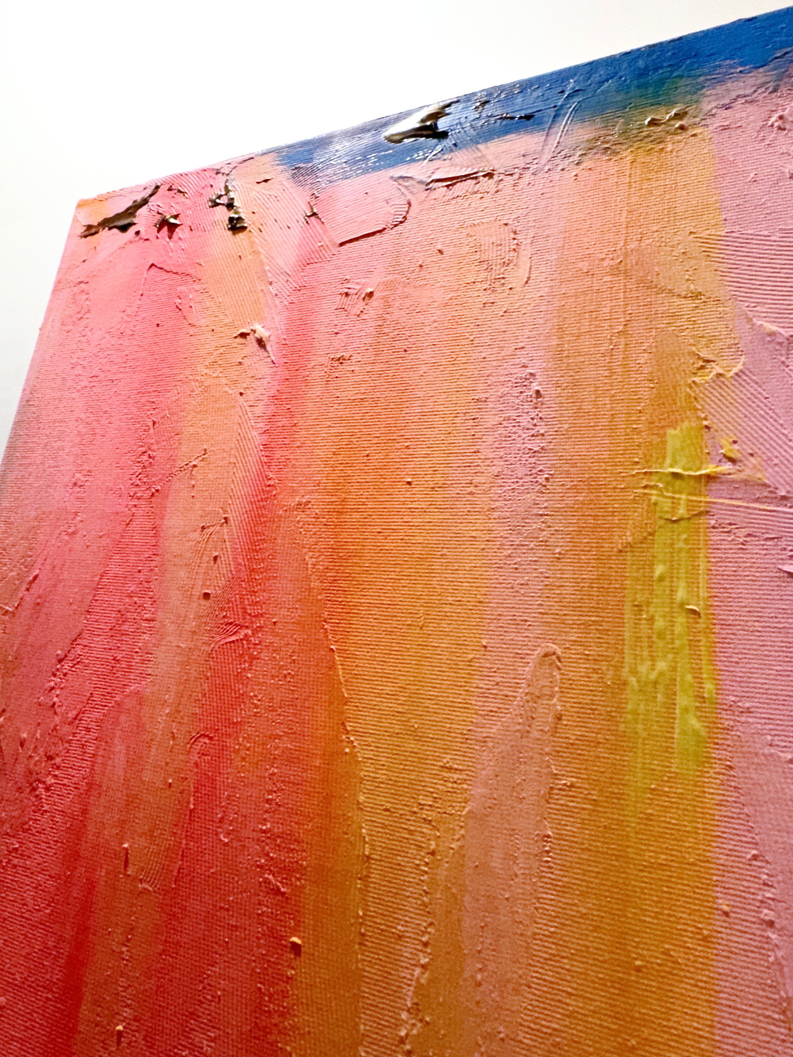 A mesmerizing abstract expressionist piece in mixed media, blending hues of pink, orange, and blue with textured layers, evoking tranquility and vibrant intensity. Artwork style is Abstrakter Expressionismus  and technique Mixed Media.