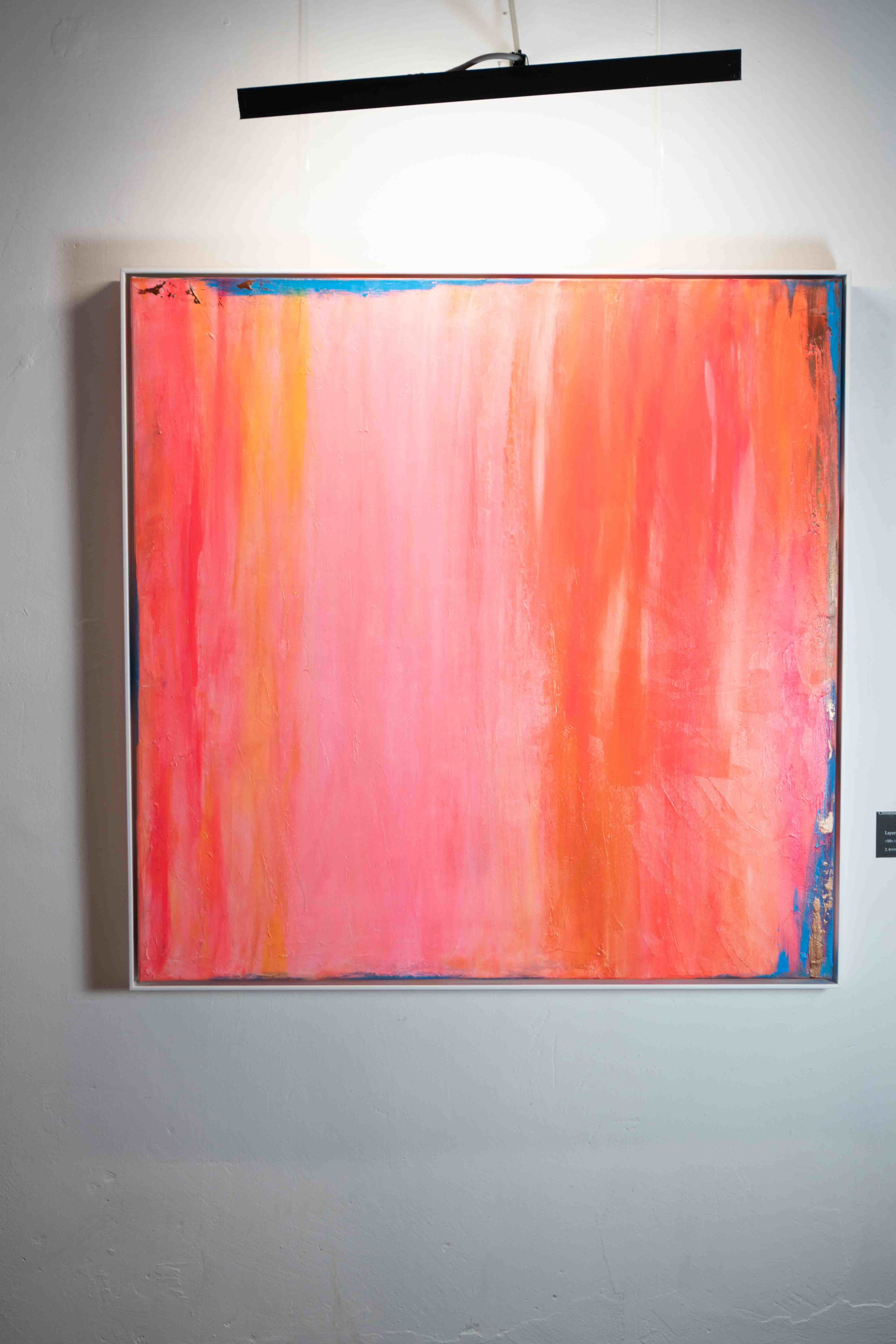 Abstract Expressionism in mixed media, blending vibrant gradients of orange and pink hues with layered depth and ethereal luminosity. Abstrakter Expressionismus  style, Mixed Media.
