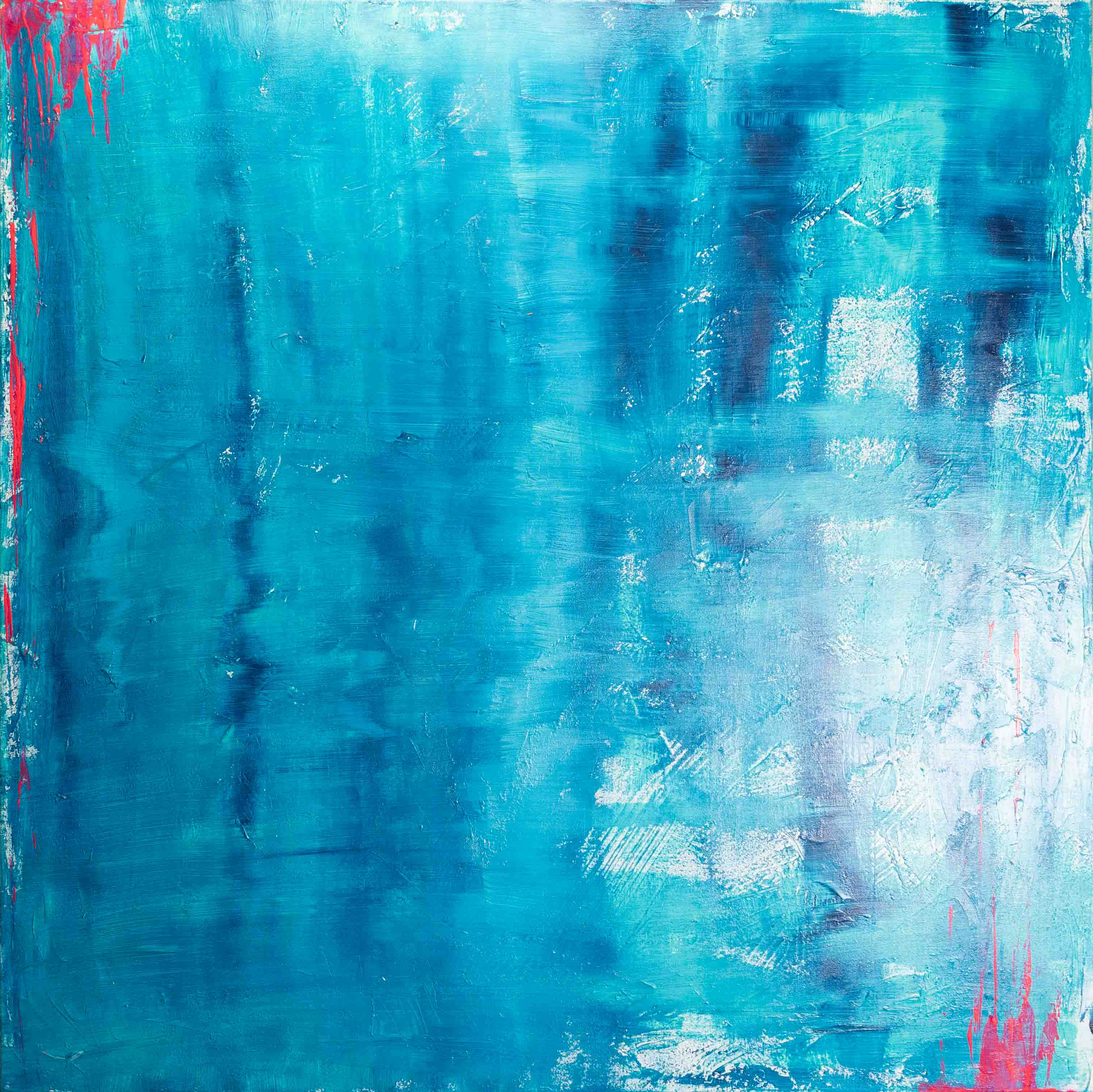 A mesmerizing abstract expressionist mixed media artwork with oceanic cyan hues, textured gradients, ethereal brushstrokes, and hints of crimson juxtaposition. Artwork style is Abstrakter Expressionismus  and technique Mixed Media.