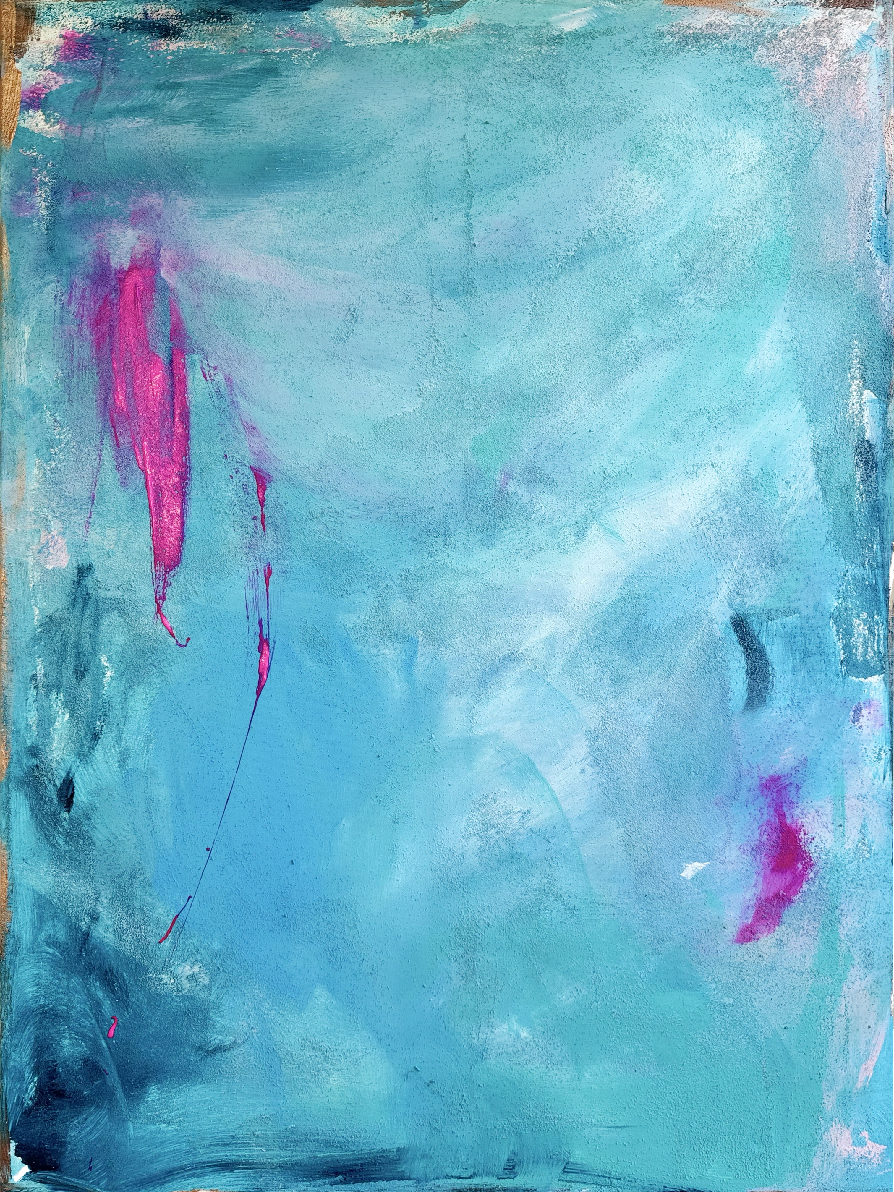 Abstract mixed media artwork in blue hues with pink splashes, showcasing ethereal fluidity, texture, and dynamic visual poetry. Abstrakt style, Mix Media Acryl.