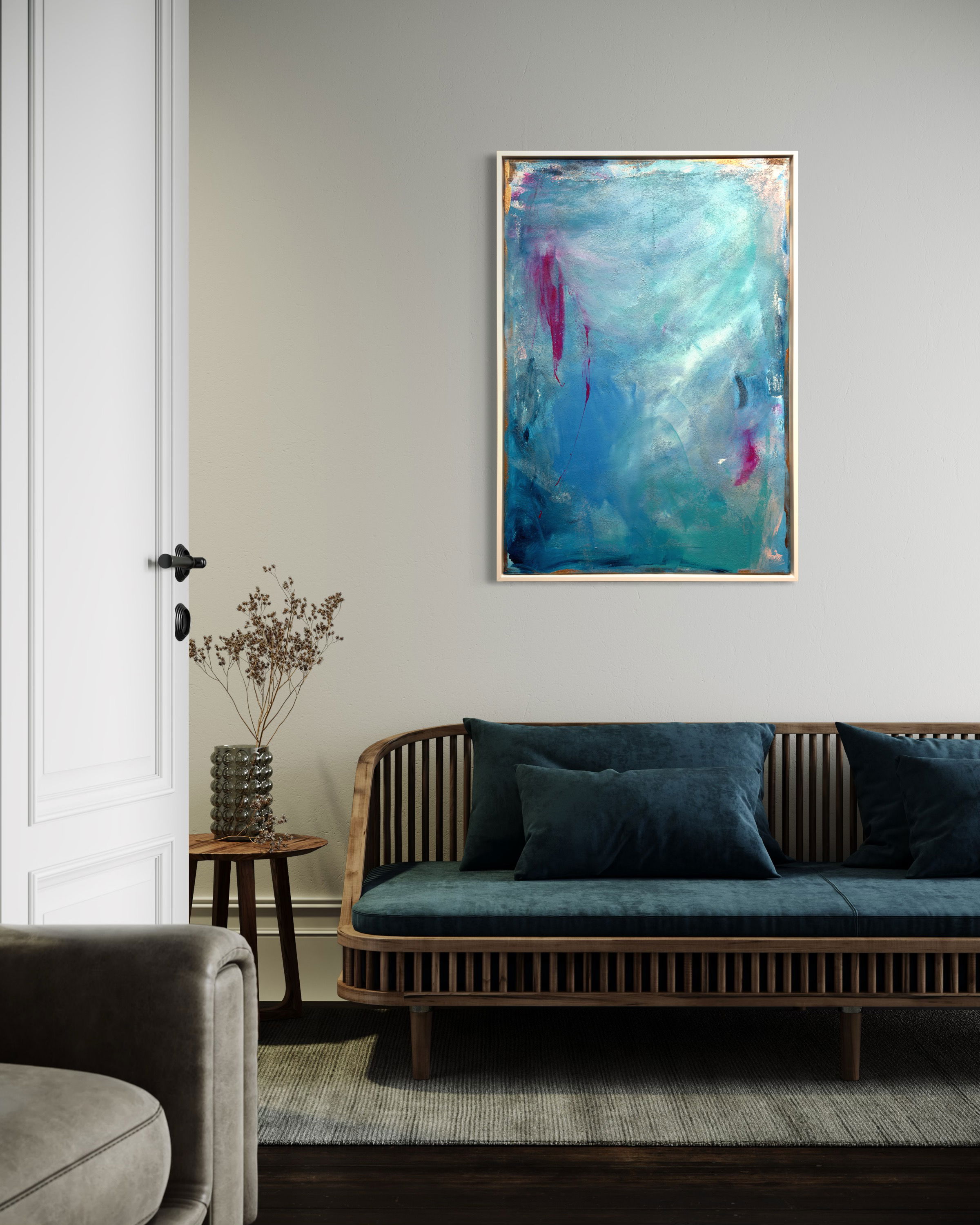 Abstract mixed media acrylic painting with blue hues, pink splashes, and delicate strokes evoking an ethereal dreamscape and tranquility. Abstrakt style, Mix Media Acryl.