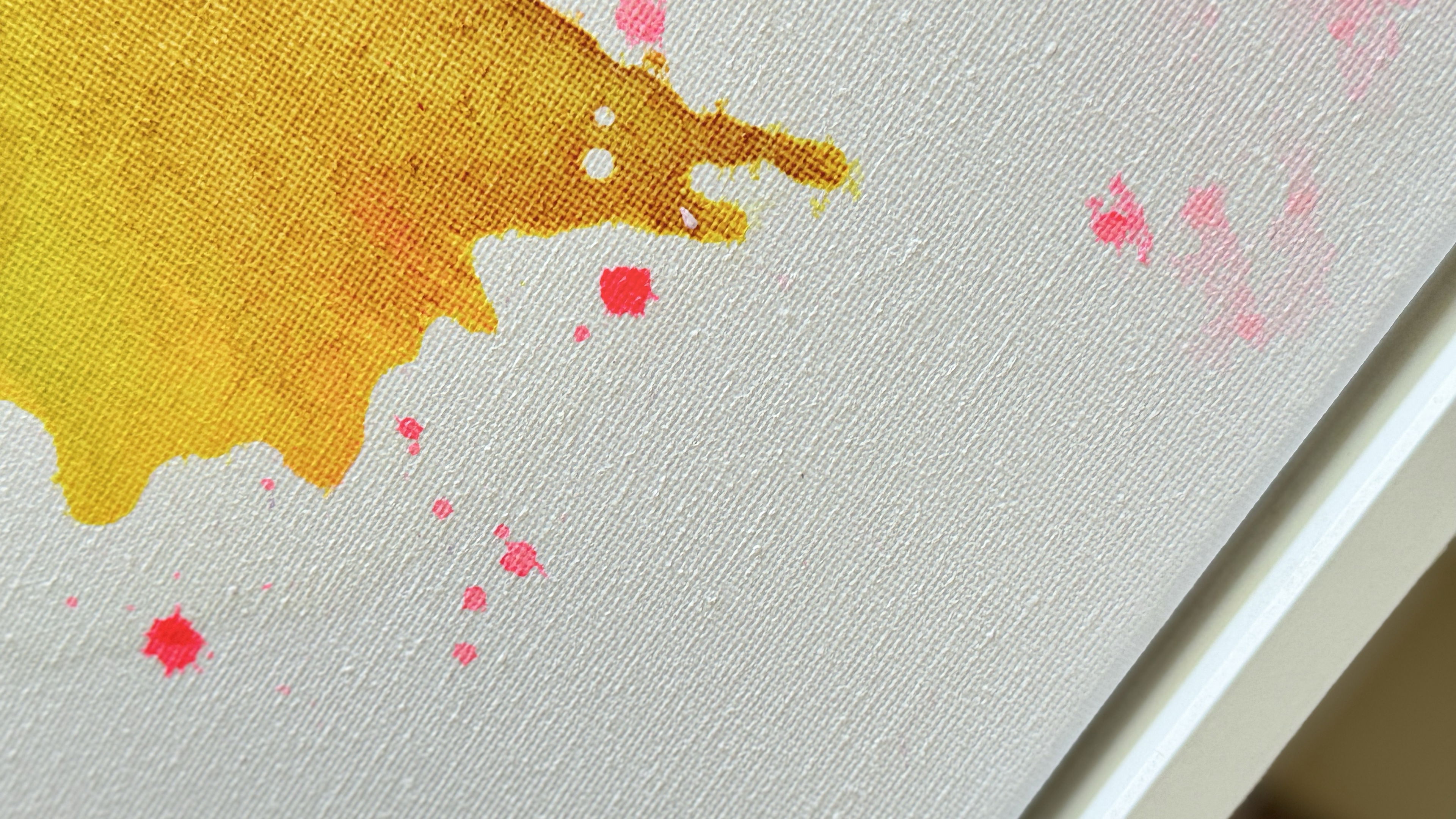 Abstract acrylic painting with vibrant yellow splatter and pink dots on canvas, capturing dynamic motion and fluid energy. Abstrakt style, Acryl auf Leinwand.