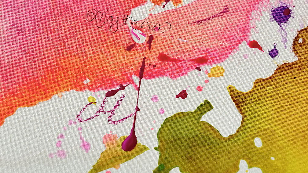 Vibrant abstrakt acrylic painting on canvas with splatters of pink, orange, yellow, green, bursting with emotive energy and fluidity. Abstrakt style, Acryl auf Leinwand.