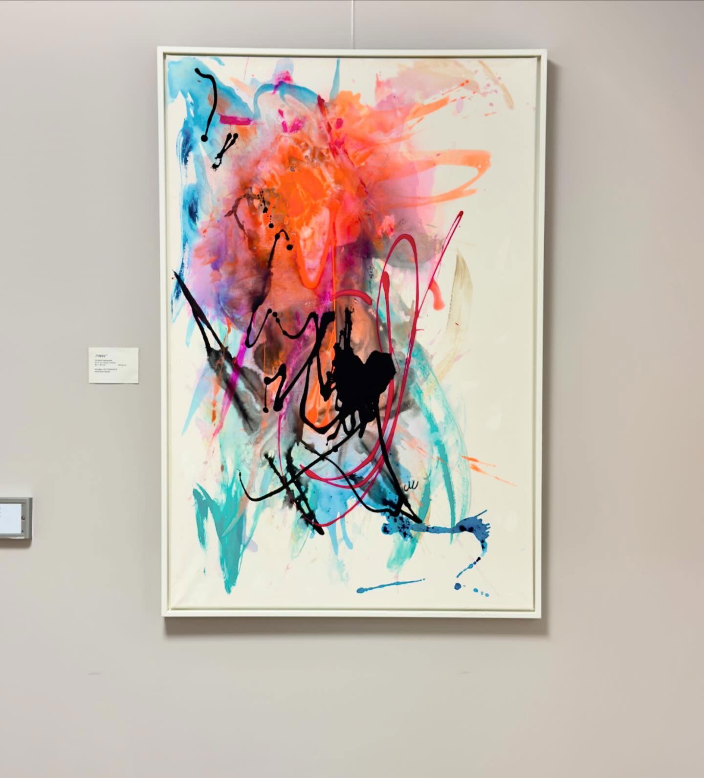 Abstract acrylic painting on canvas with chaotic splatters, vibrant hues of orange, blue, pink; dynamic brushstrokes evoke energy and enigma. Abstrakt style, Acryl auf Leinwand.