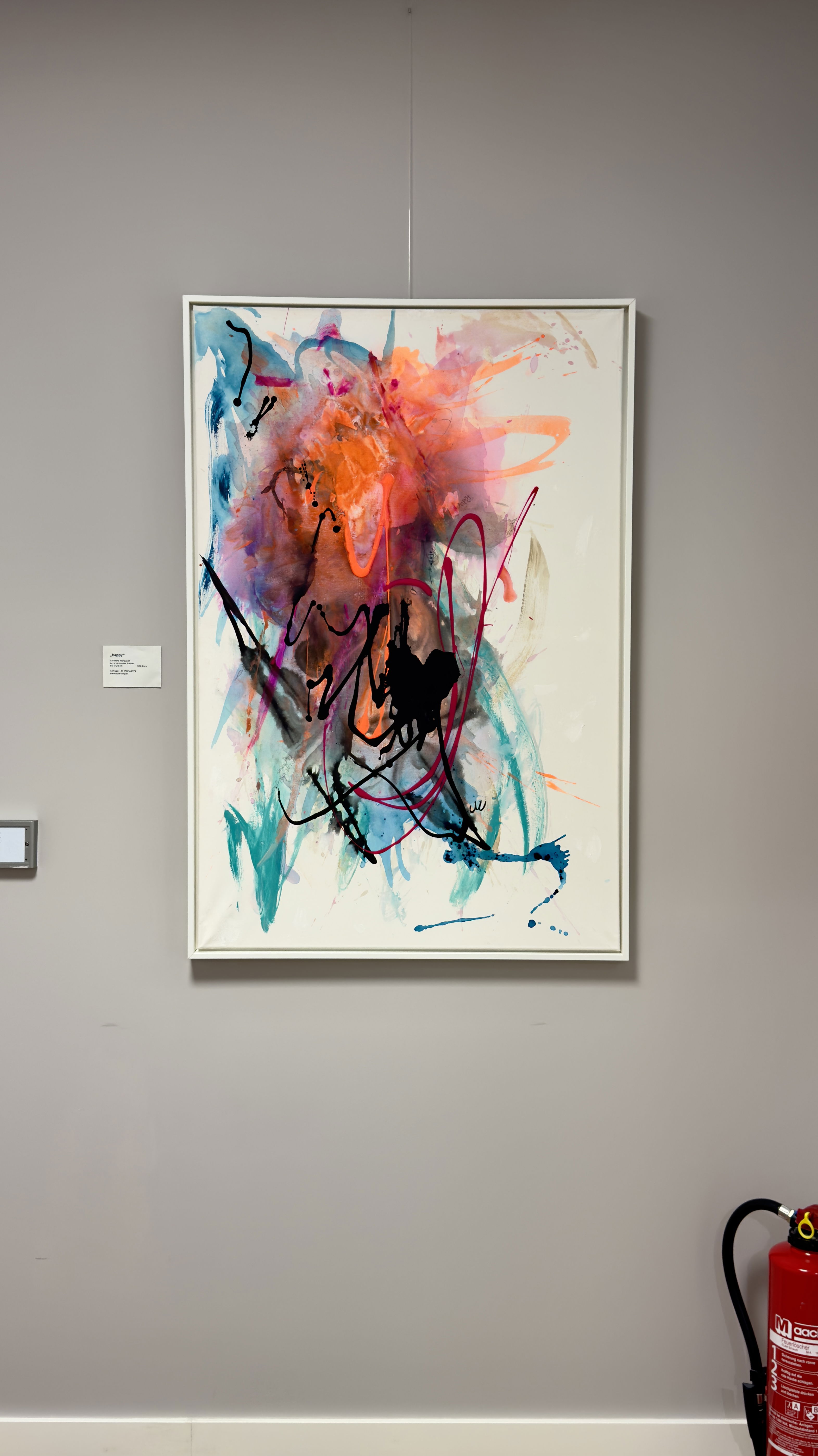 Dynamic acrylic abstraction on canvas, vibrant with fluidity and enigma, featuring splatters of orange, blue, pink, and black, evoking chaos and mystery. Artwork style is Abstrakt and technique Acryl auf Leinwand.