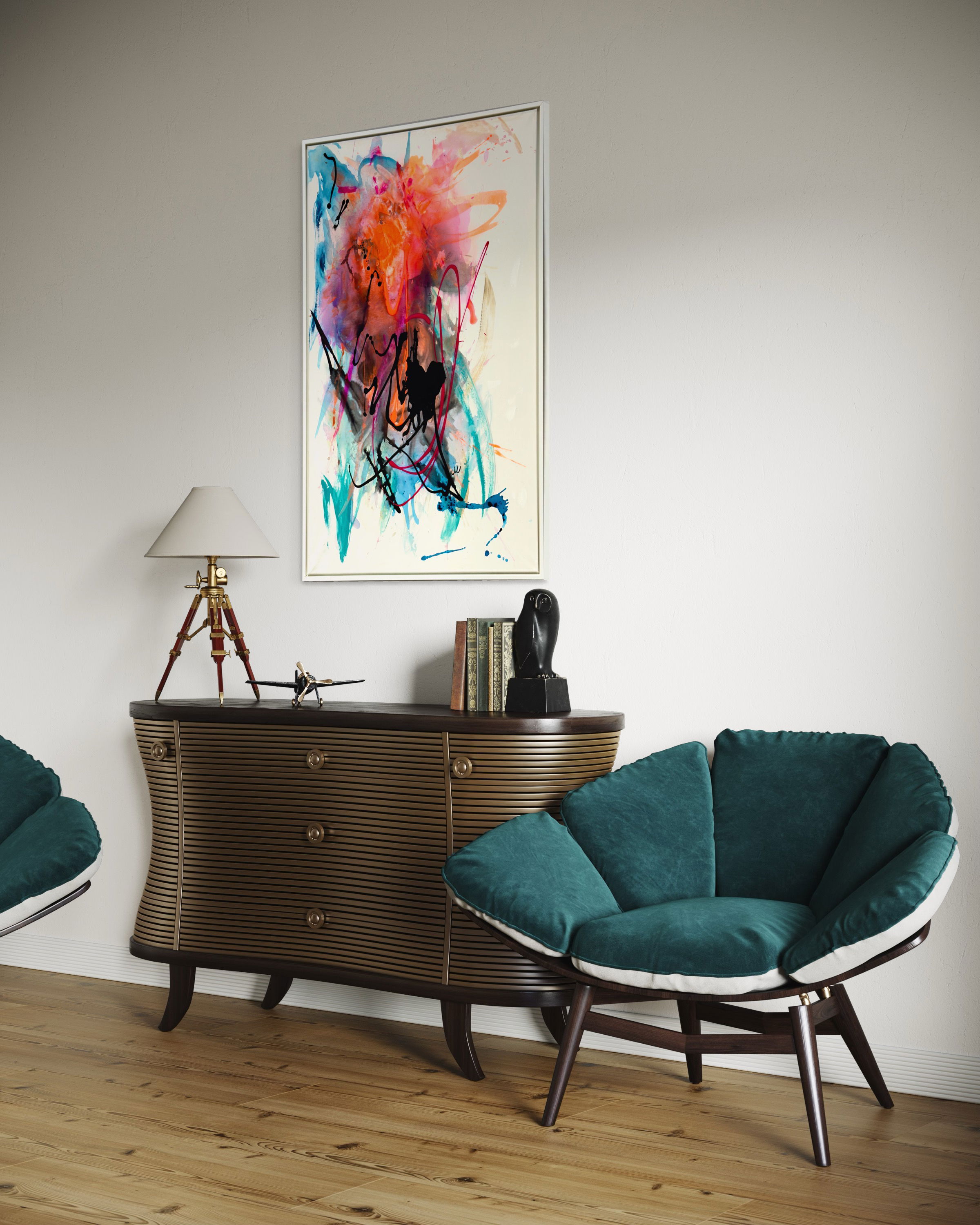 Abstract acrylic painting with vibrant splashes of orange, blue, pink, and black, evoking chaos, fluidity, and dynamic energy. Abstrakt style, Acryl auf Leinwand.