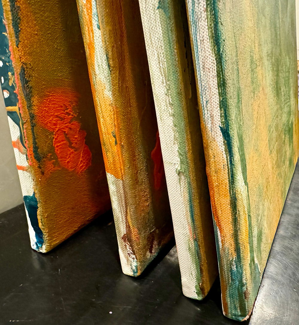 Abstract mixed media artwork blending pink, purple, and green hues, reminiscent of surreal landscapes and fluid forms, suggestive of symbolism and contrast. Artwork style is Abstrakt and technique Mixed Media.