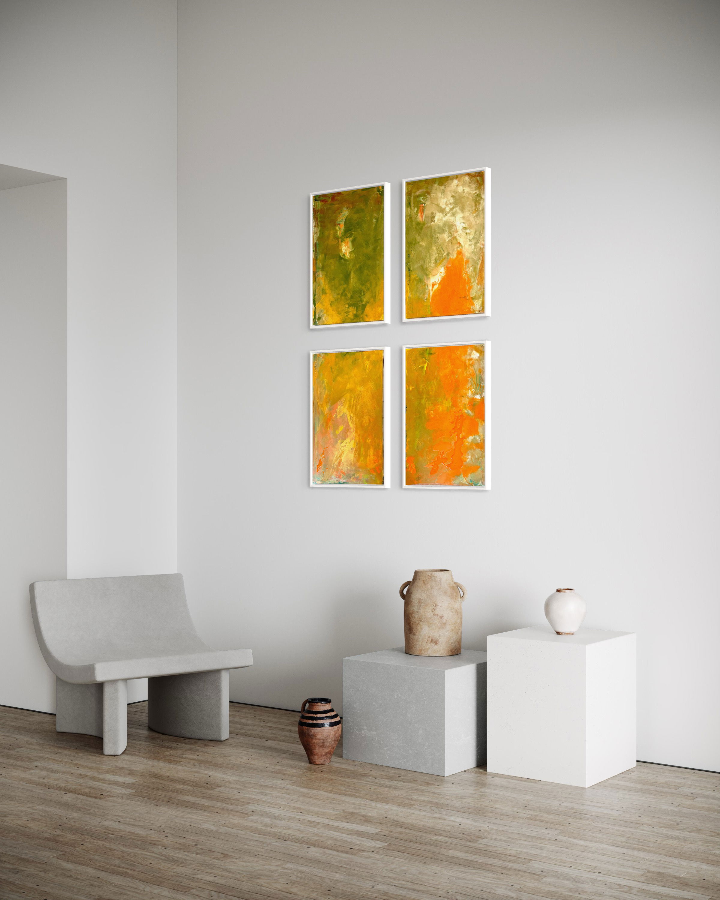 Vibrant mixed media abstract in green and orange, four panels, with textured brushstrokes, evoking flow, energy, and depth, modern setting. Abstrakt style, Mixed Media.
