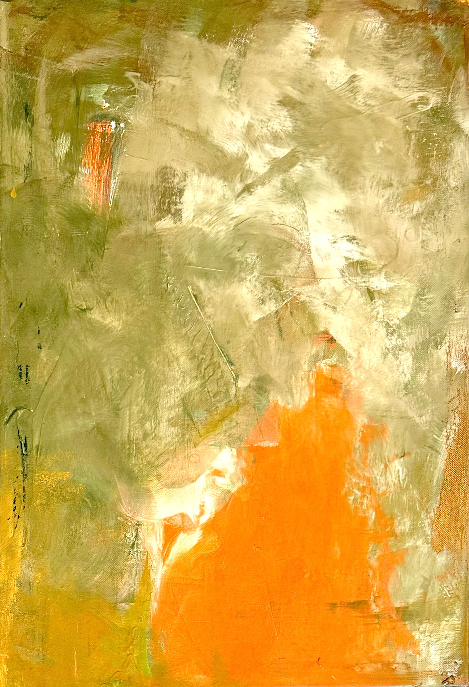 Abstract mixed media artwork featuring vibrant splashes of orange and subdued hues of green, evoking a surreal landscape of textured contrasts and ethereal forms. Artwork style is Abstrakt and technique Mixed Media.