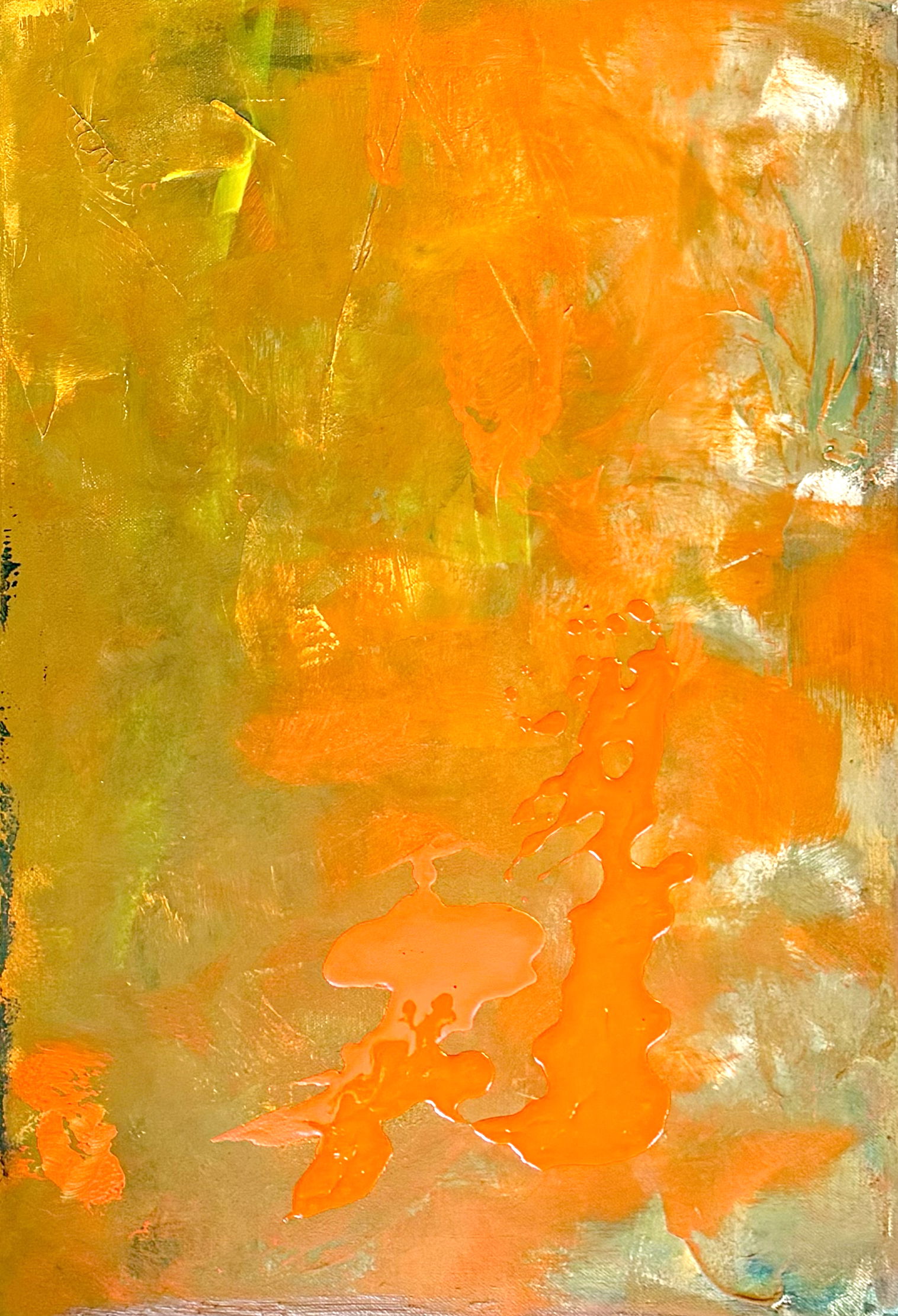 Abstract mixed media artwork featuring an explosion of vivid orange and gold hues with subtle green undertones, evoking fluidity and the textures of nature. Artwork style is Abstrakt and technique Mixed Media.