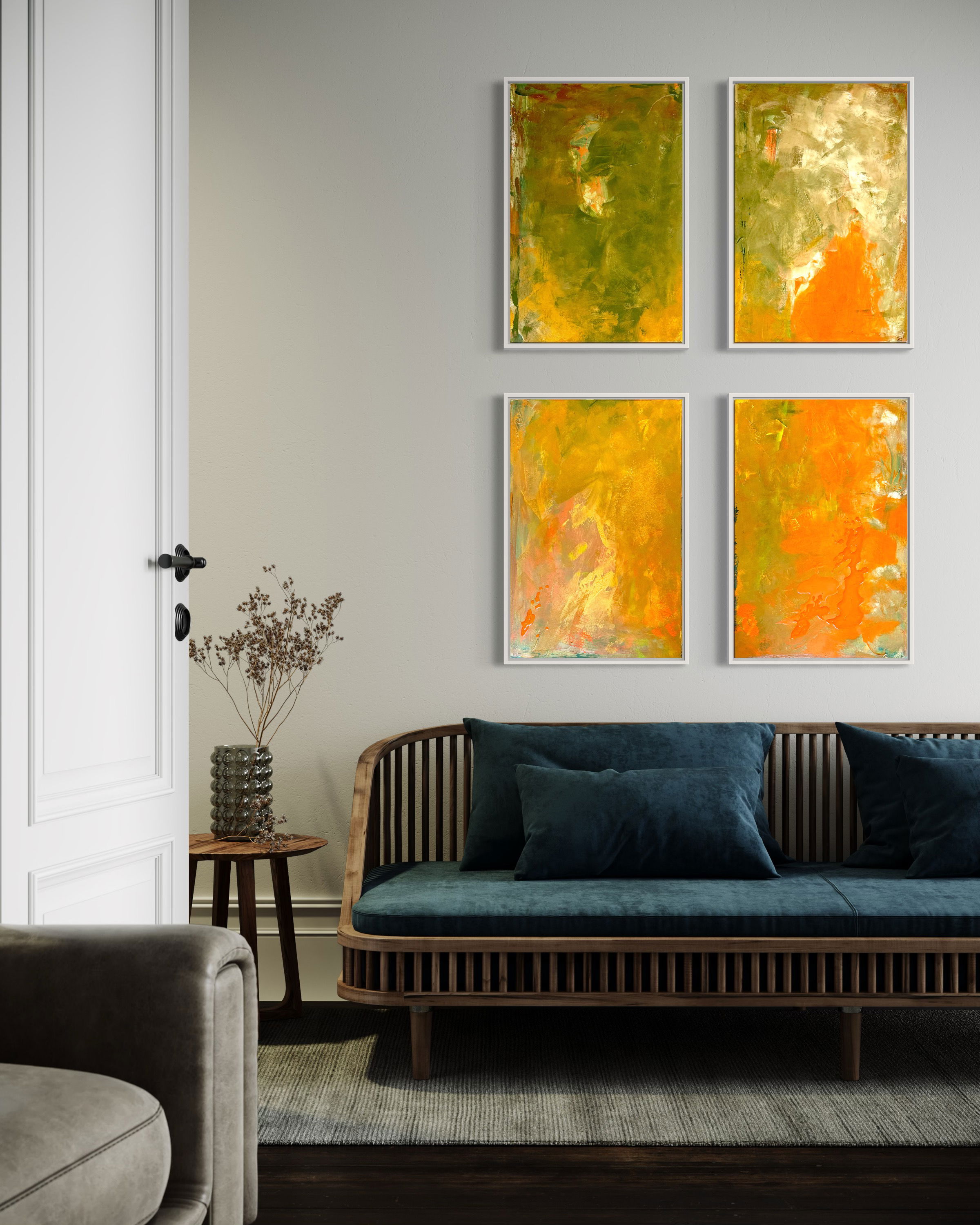 Four-panel mixed media abstract artwork, vibrant green and orange hues, dynamic brushstrokes, rich texture, modern, contemporary depth. Abstrakt style, Mixed Media.