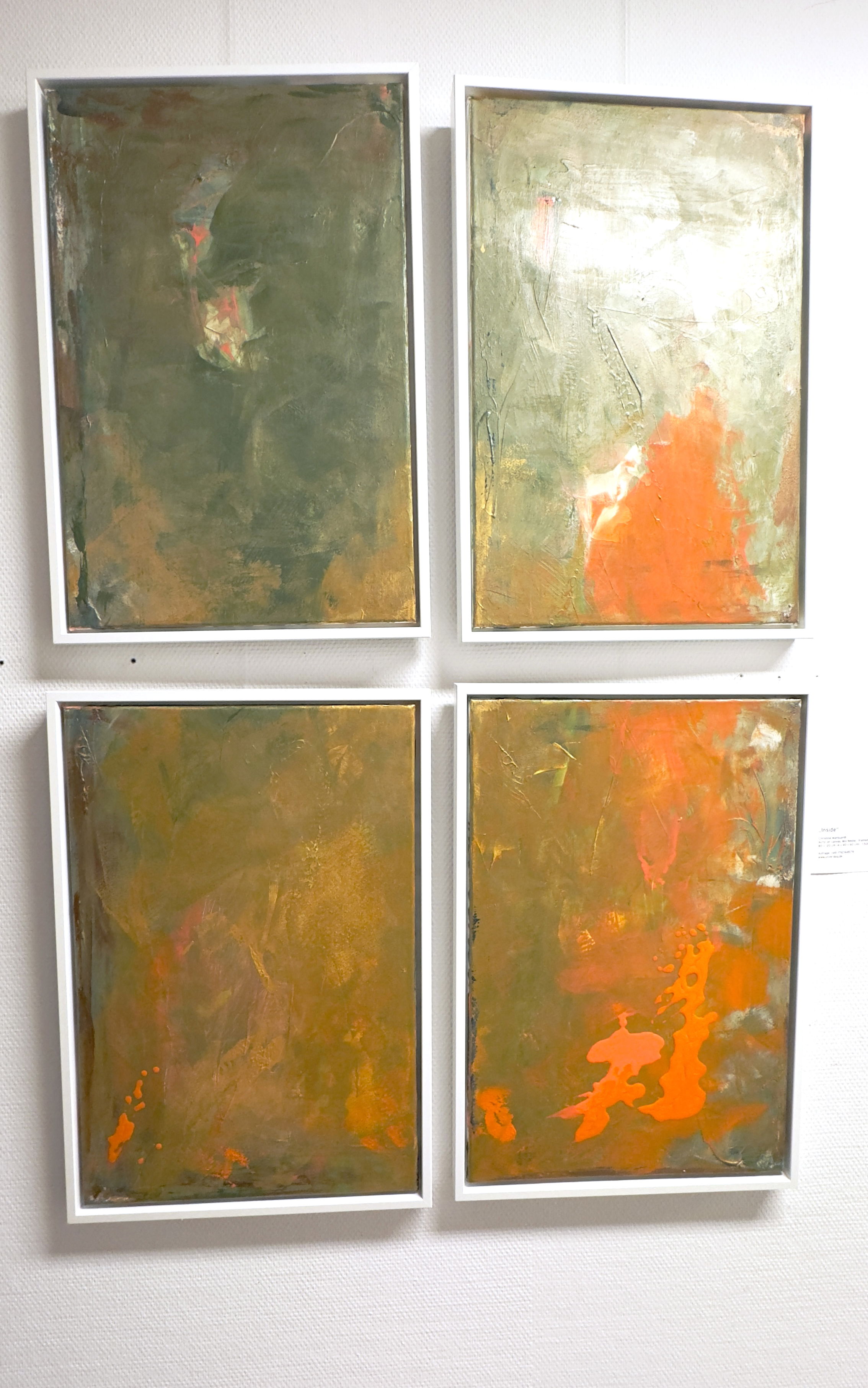 Abstract mixed media artwork in four frames featuring green and orange hues with textured, fluid patterns evoking volcanic energy and natural contrasts. Artwork style is Abstrakt and technique Mixed Media.