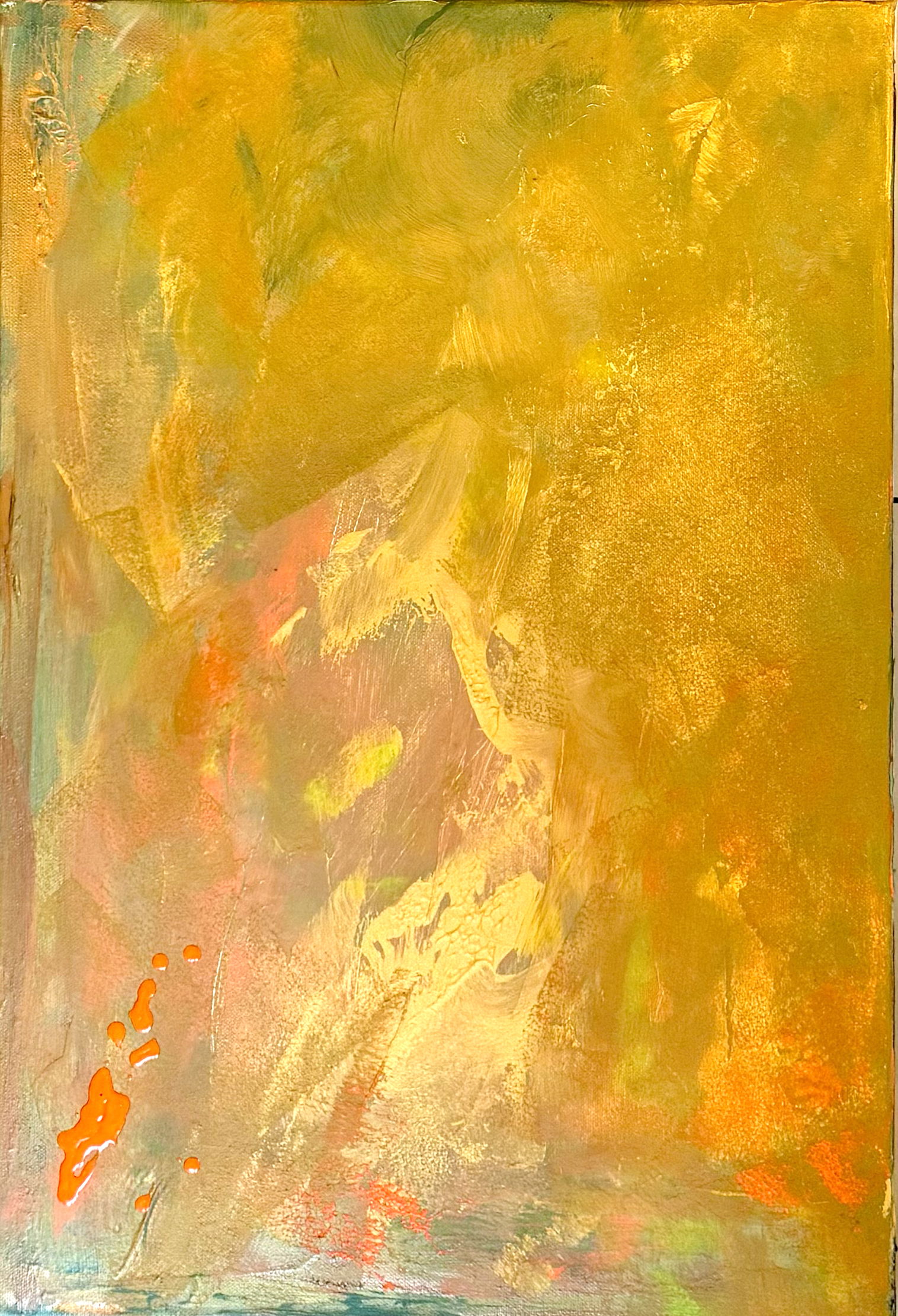 Abstract mixed media artwork featuring warm golden hues interwoven with subtle threads of pink, orange, and green, evoking a surreal, textured landscape. Artwork style is Abstrakt and technique Mixed Media.