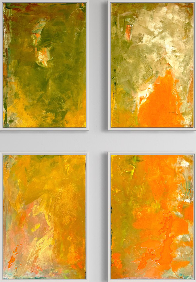 Abstract mixed media artwork with green, orange hues across four panels, showcasing vibrant brushstrokes, texture, depth, and flowing energy. Abstrakt style, Mixed Media.