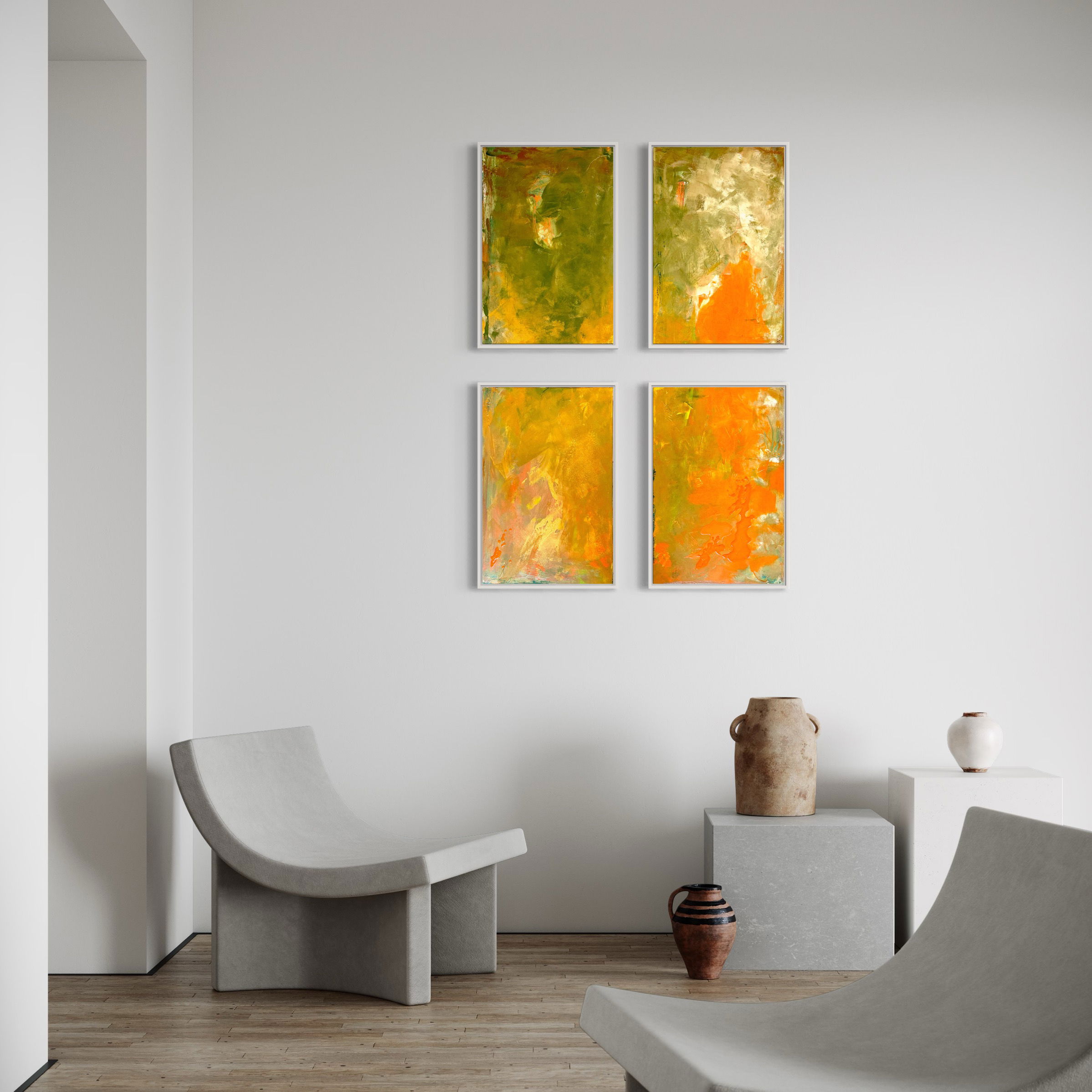 Abstract mixed media artwork with green and orange hues, vibrant textures, dynamic brushstrokes, and depth across four panels. Abstrakt style, Mixed Media.