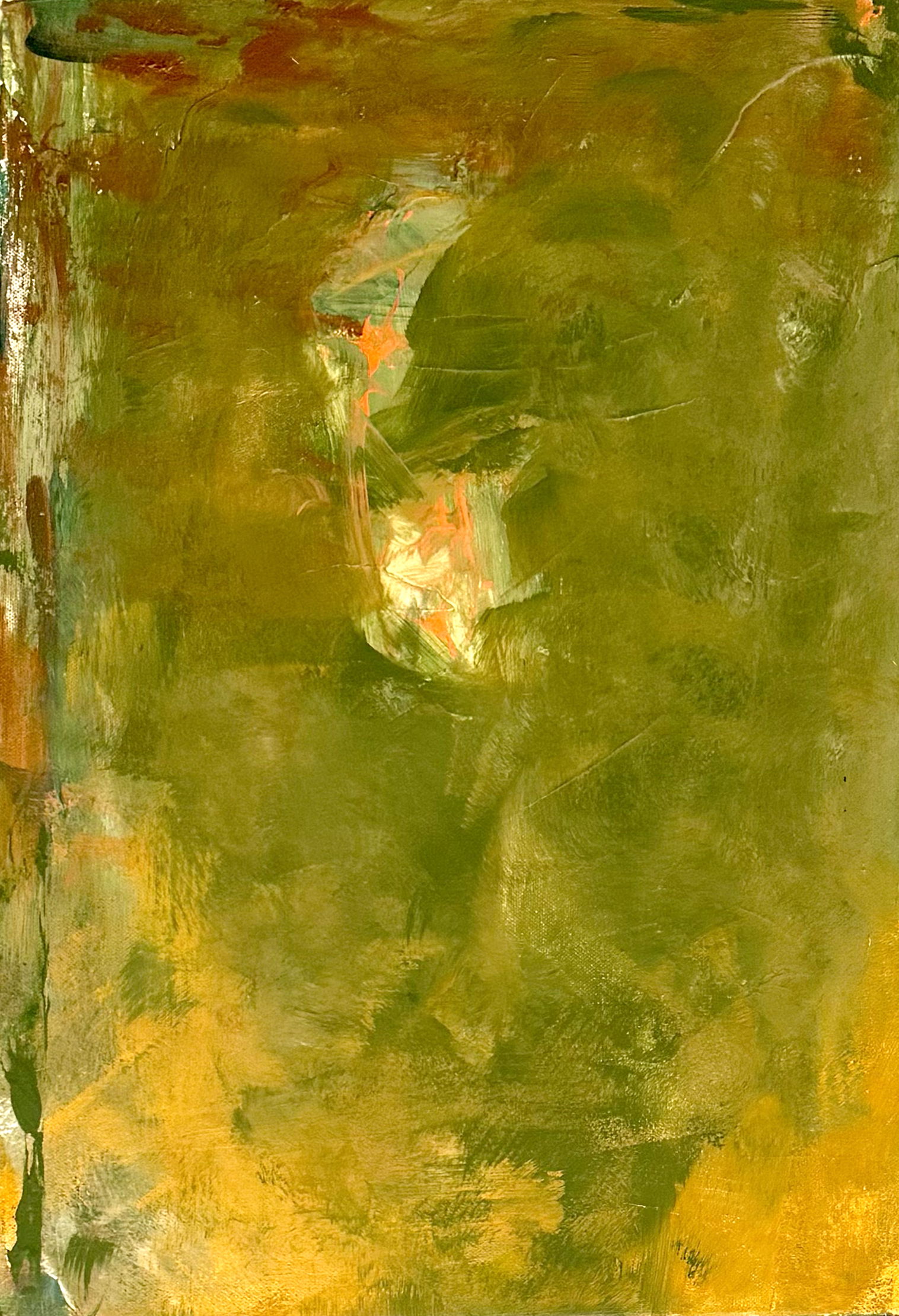 A kaleidoscopic explosion of earthy greens and golds with hints of surrealistic textures unfolds, conjuring abstract symbolism and ethereal contrasts. Artwork style is Abstrakt and technique Mixed Media.