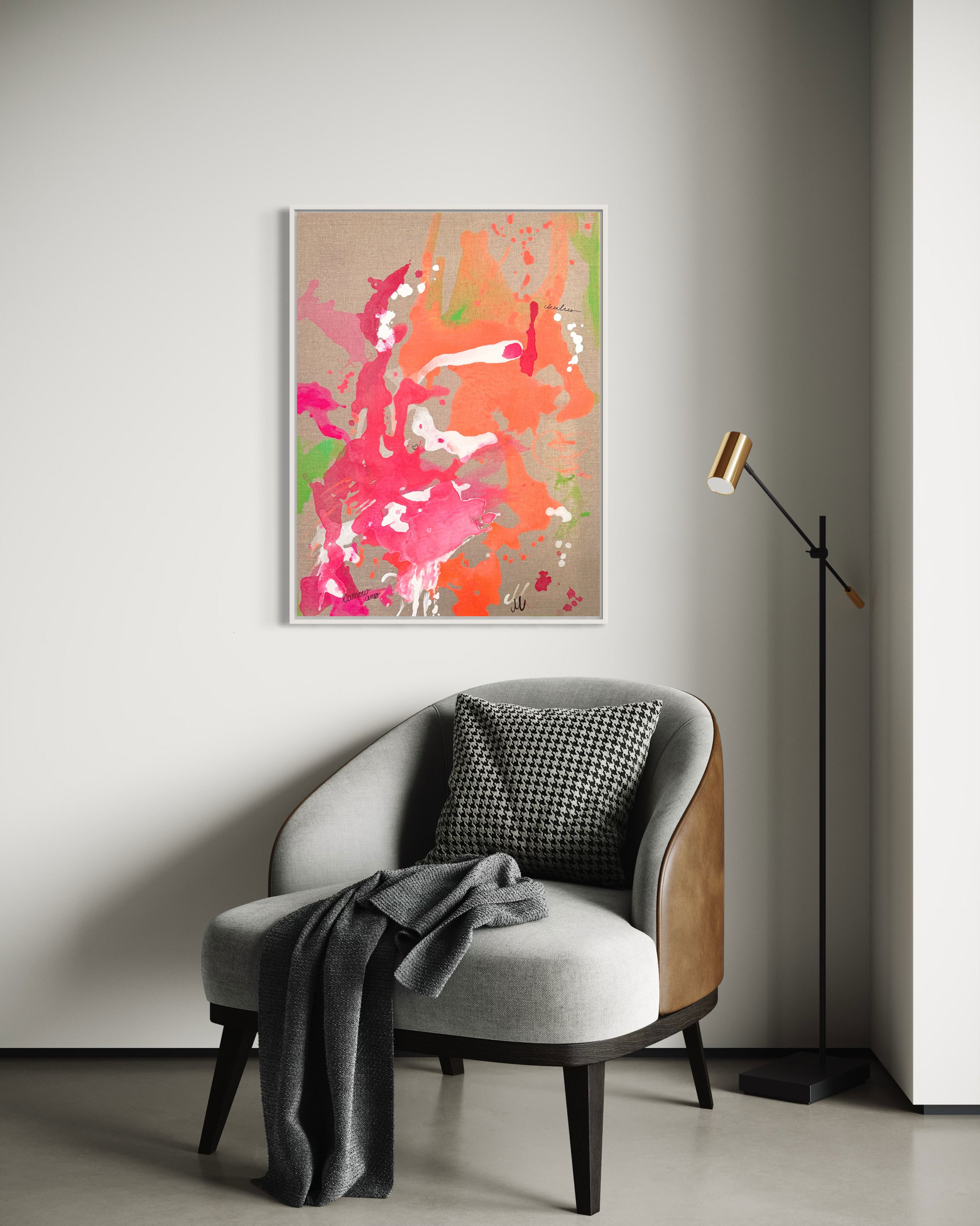 Vibrant abstract acrylic on canvas with dynamic splashes of pink, orange, red, white, and green. Textured expression of fluidity and energy. Abstrakt style, Acryl auf Leinwand.