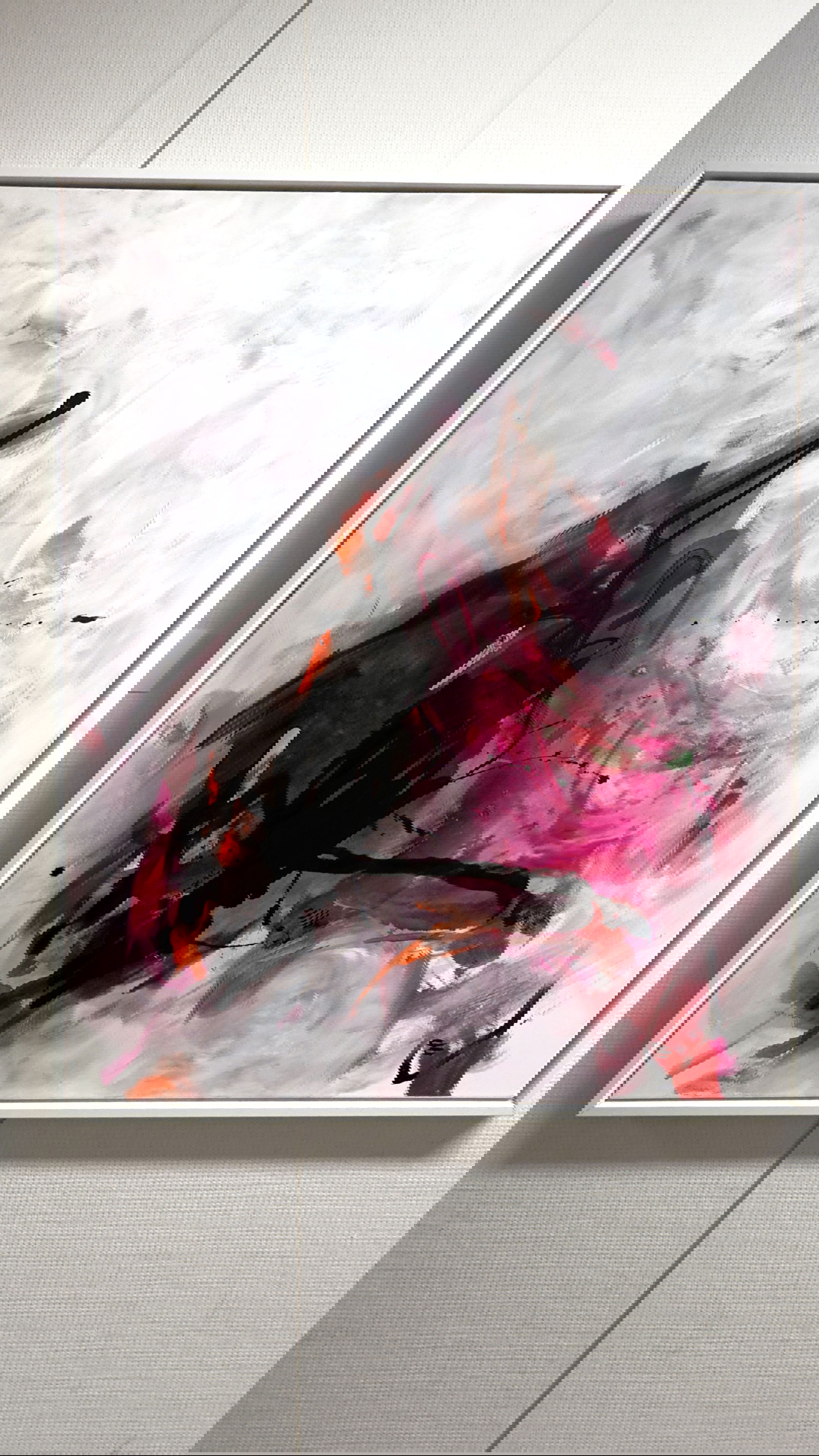 Abstract acrylic painting on canvas, depicting a storm of black and crimson tendrils swirling through a hazy backdrop, evoking a cosmic dance of turbulence and opacity. Artwork style is Abstrakt and technique Acryl auf Leinwand.