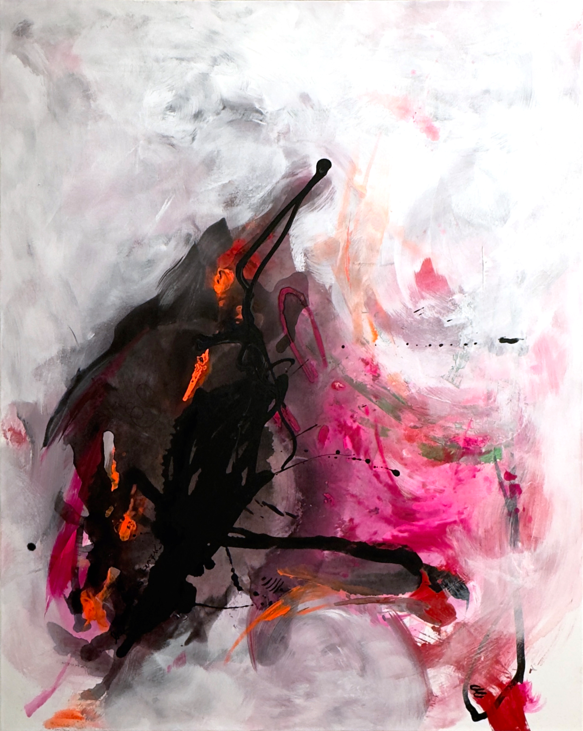 Abstract art in vivid acrylic; a swirling vortex of crimson plumes, smoky tendrils and bold brushstrokes dance amidst a haze of turbulent opacity. Artwork style is Abstrakt and technique Acryl auf Leinwand.