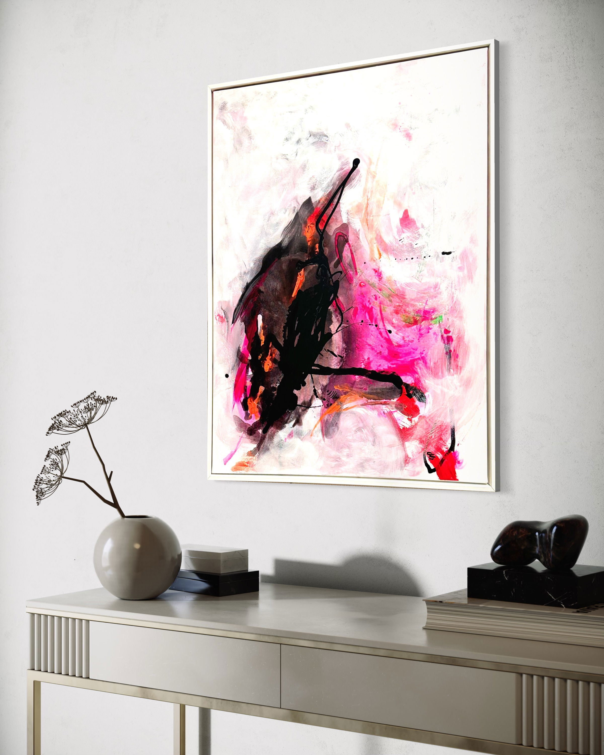 Energetic abstract acrylic on canvas with vibrant pink, black, and orange swirling textures, evoking dynamic and ethereal moods. Abstrakt style, Acryl auf Leinwand.