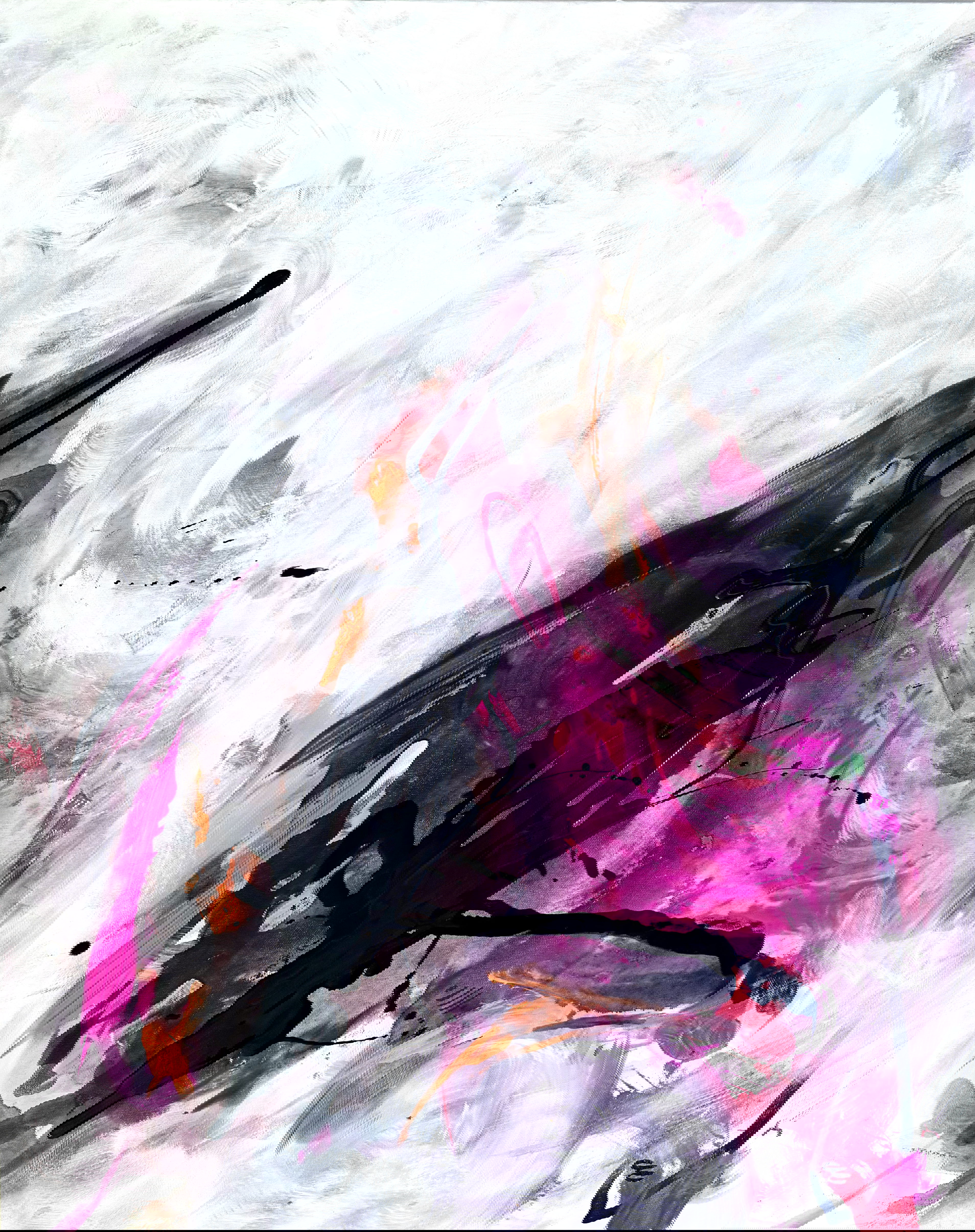 Abstract acrylic painting with effusive crimson and plum hues, swirling veils, and dark tendrils emerging from a turbulent, smokey haze. Artwork style is Abstrakt and technique Acryl auf Leinwand.