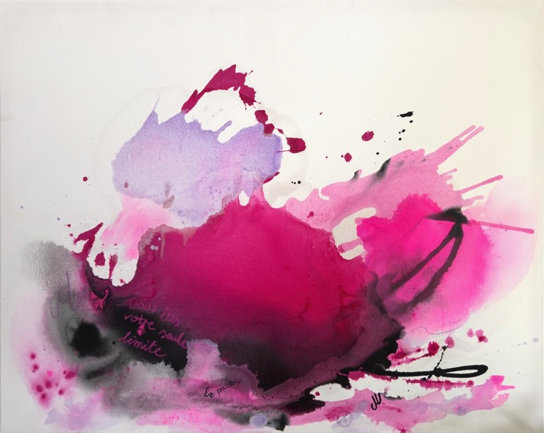 Abstract mix media on canvas, pink and lavender splashes, bold brushstrokes, fluid texture, contemporary and expressive movement. Abstrakt style, Mix Media aud Leinwand.