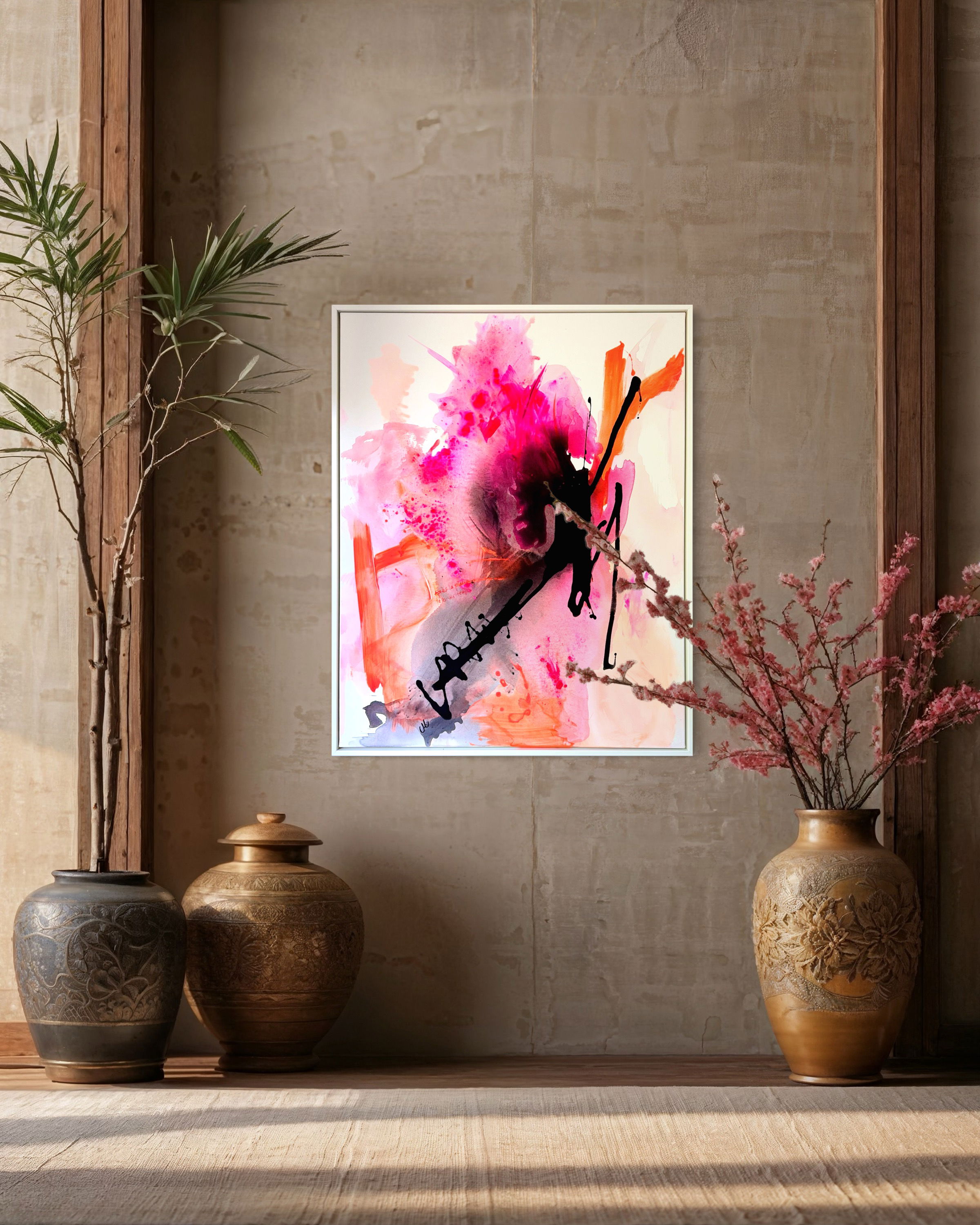 Abstract acrylic on canvas with vibrant magenta, coral splashes, intense brushstrokes, dynamic contrasts, and spontaneous energy. Abstrakt style, Acry auf Leinwand.