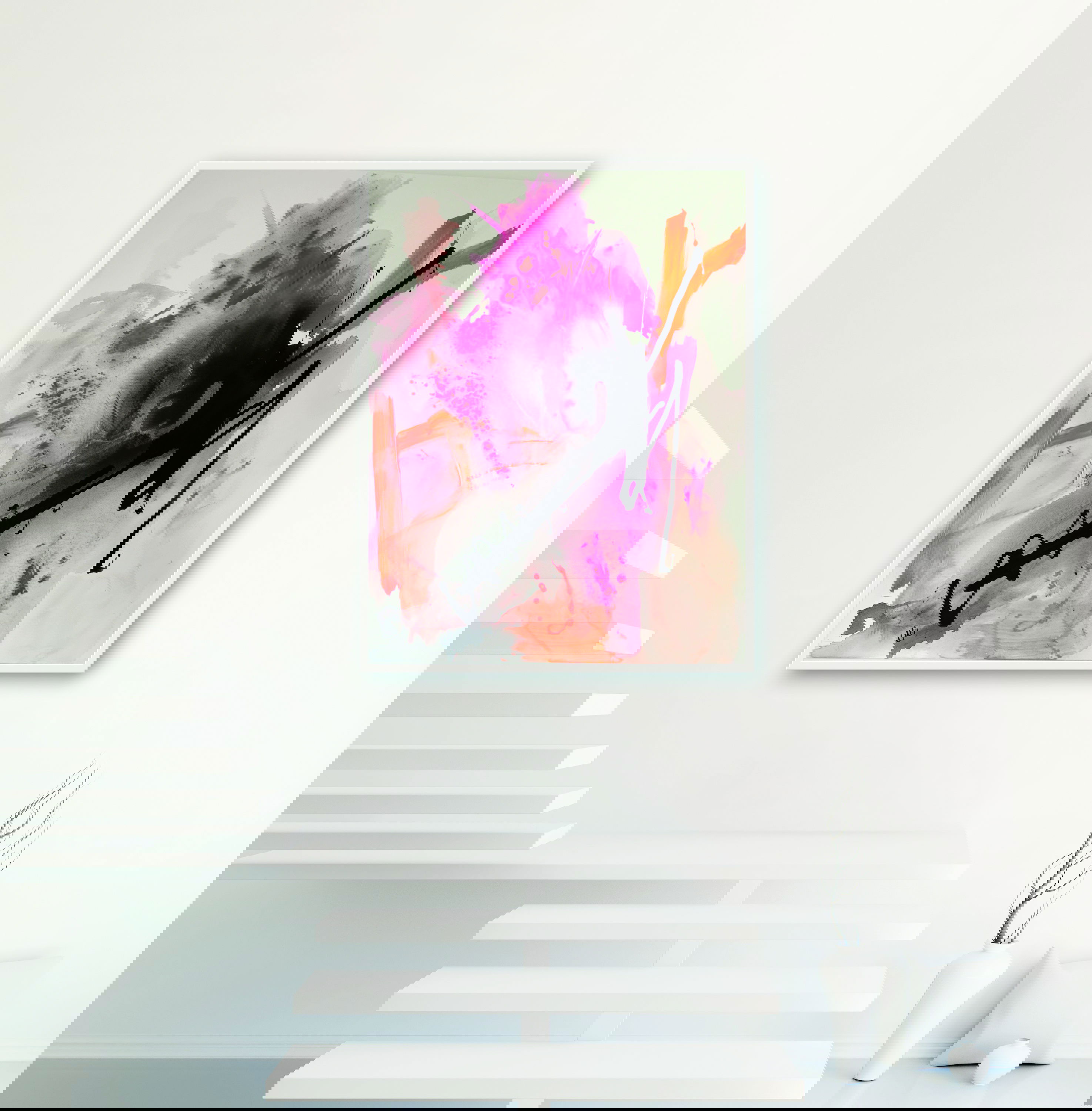 Abstract acrylic on canvas with dynamic bursts of pinks, orange, and black strokes creating a luminous and chaotic interplay. Abstrakt style, Acry auf Leinwand.